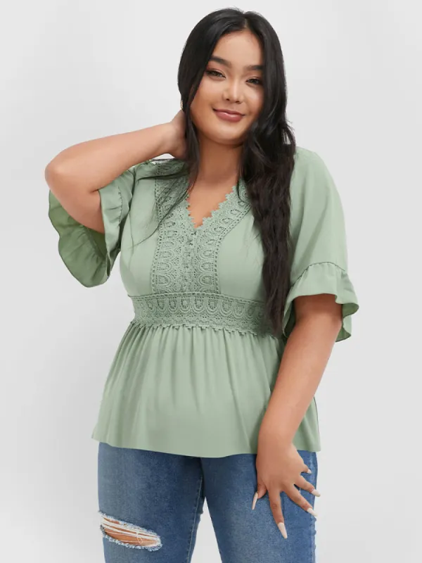 Plain Ruffles Crochet Lace V Neck Blouse sold by Bloomchic