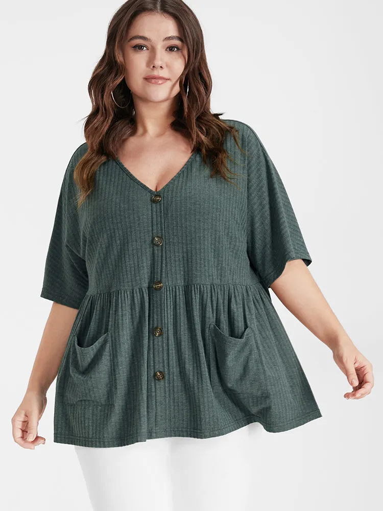 Solid Pocket Button V Neck T-shirt sold by Bloomchic