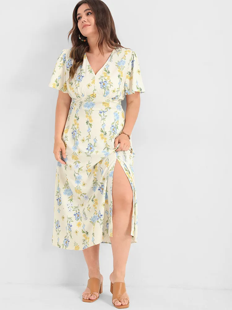 Floral Printed Split Shirred V Neck Midi Dress sold by Bloomchic product image thumbnail 5