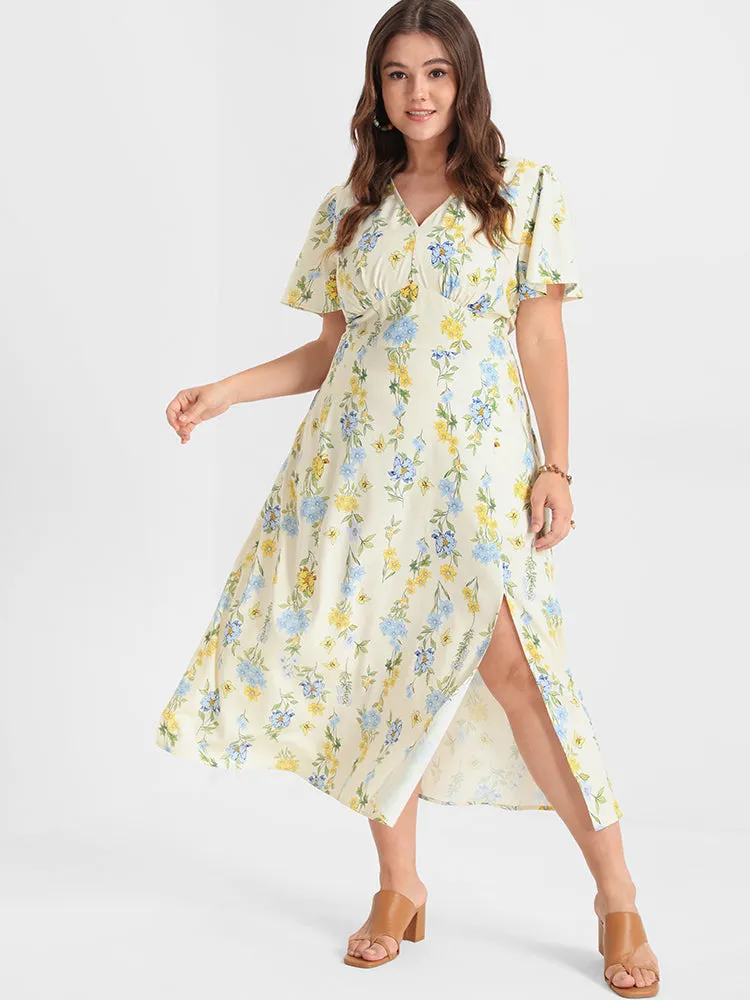 Floral Printed Split Shirred V Neck Midi Dress sold by Bloomchic product image thumbnail 2