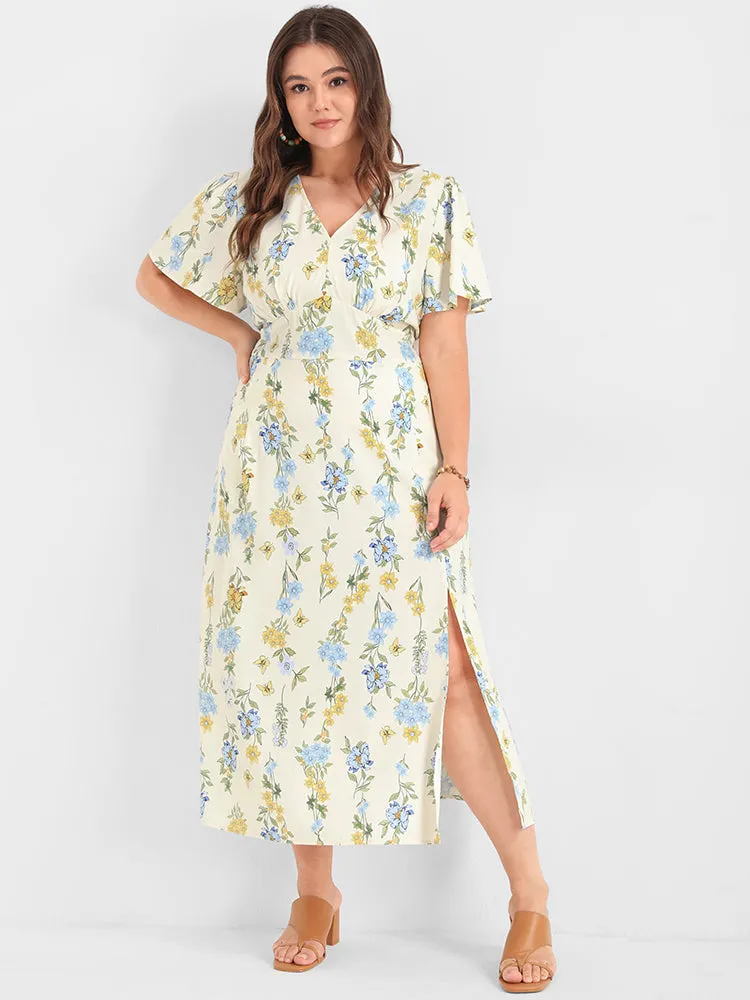Floral Printed Split Shirred V Neck Midi Dress sold by Bloomchic product image thumbnail 3