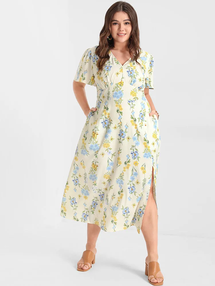 Floral Printed Split Shirred V Neck Midi Dress sold by Bloomchic product image thumbnail 4
