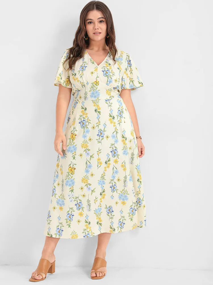 Floral Printed Split Shirred V Neck Midi Dress sold by Bloomchic