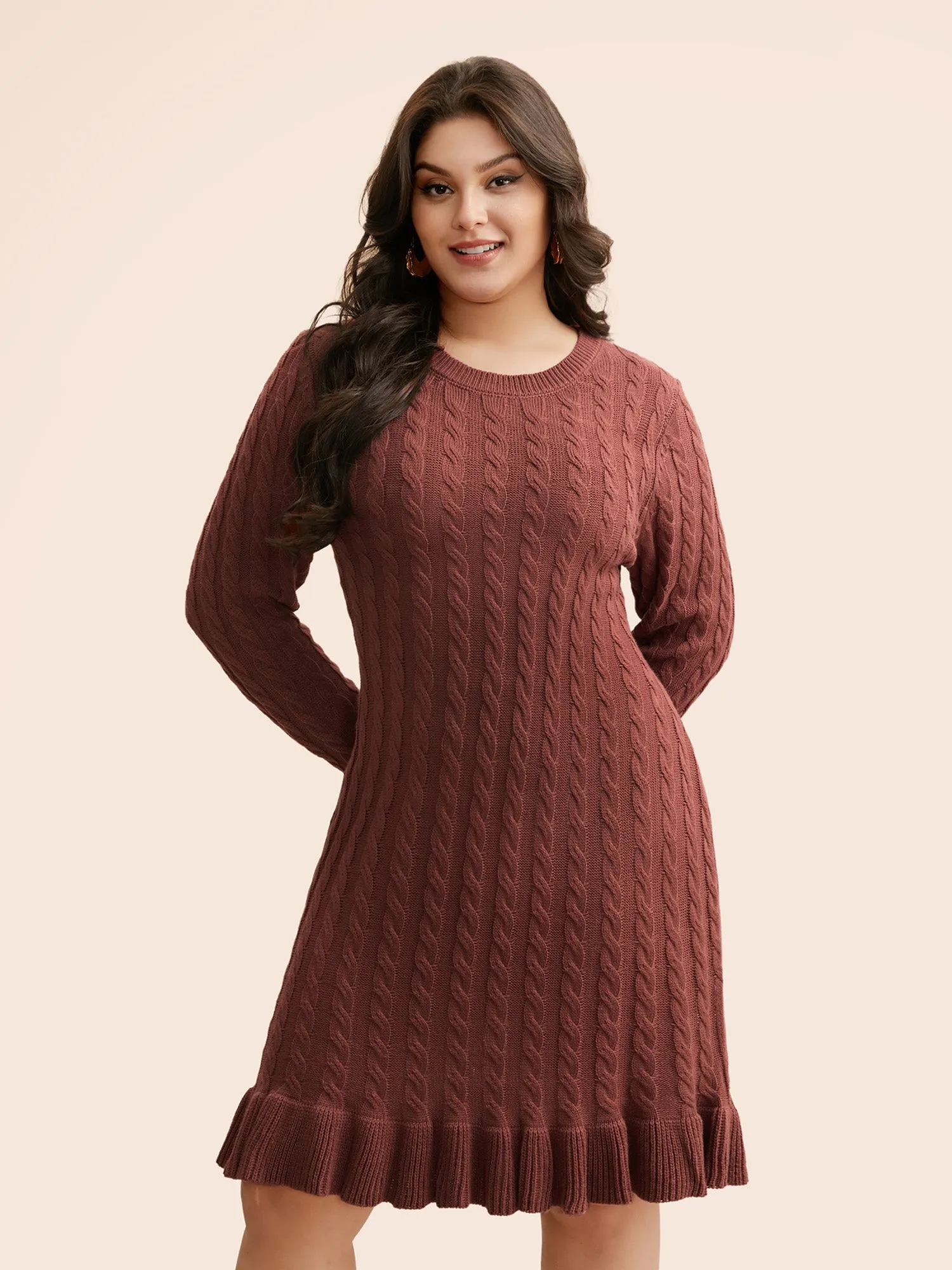 Round Neck Cable Knit Ruffle Trim Sweater Dress sold by Bloomchic product image thumbnail 3