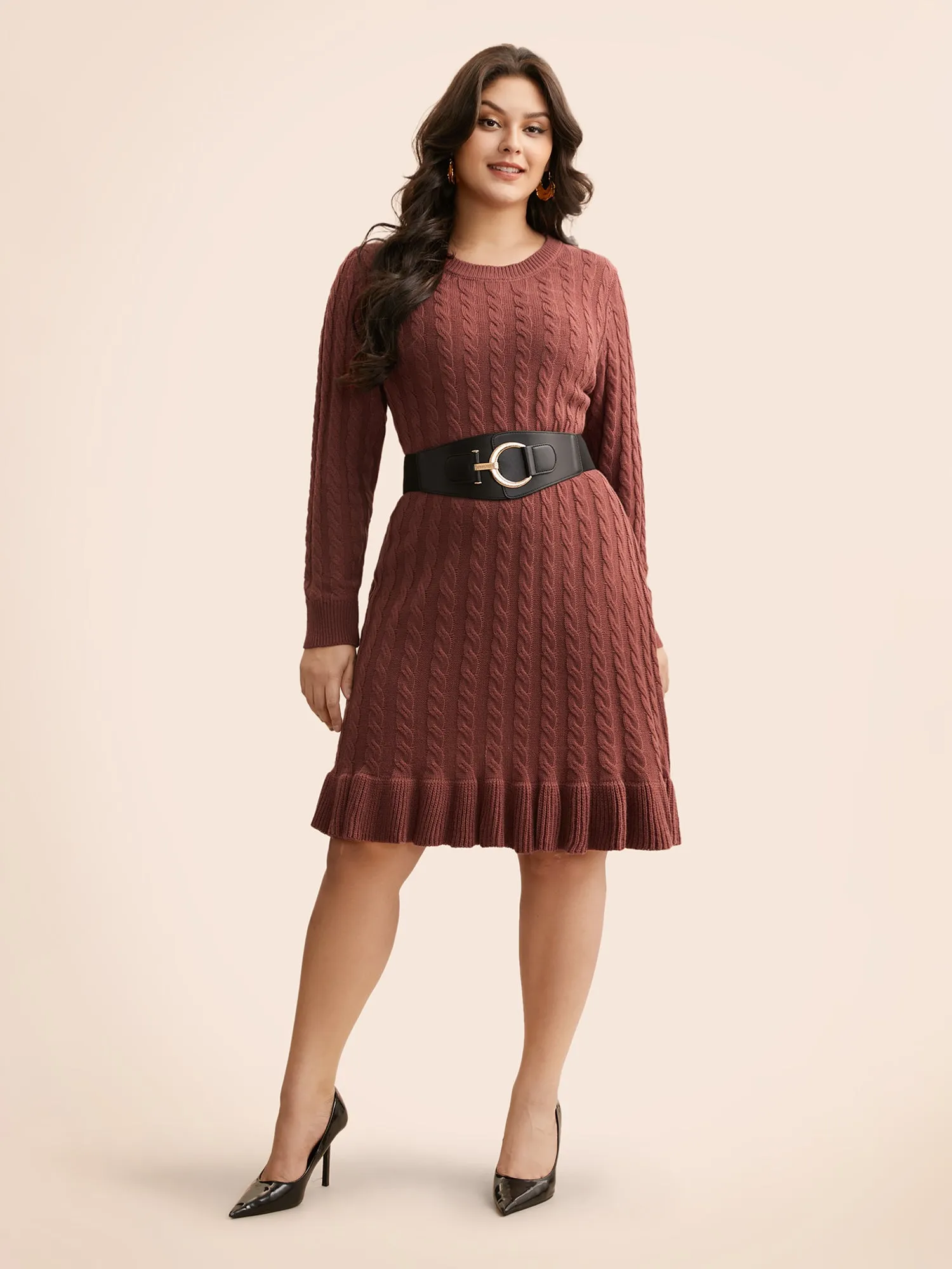 Round Neck Cable Knit Ruffle Trim Sweater Dress sold by Bloomchic product image thumbnail 4