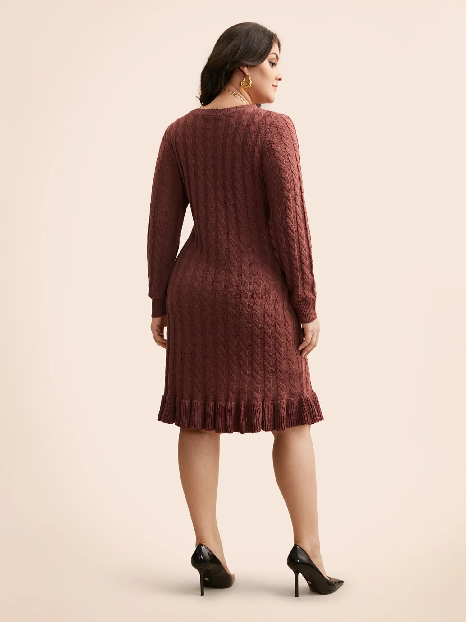 Round Neck Cable Knit Ruffle Trim Sweater Dress sold by Bloomchic product image thumbnail 2