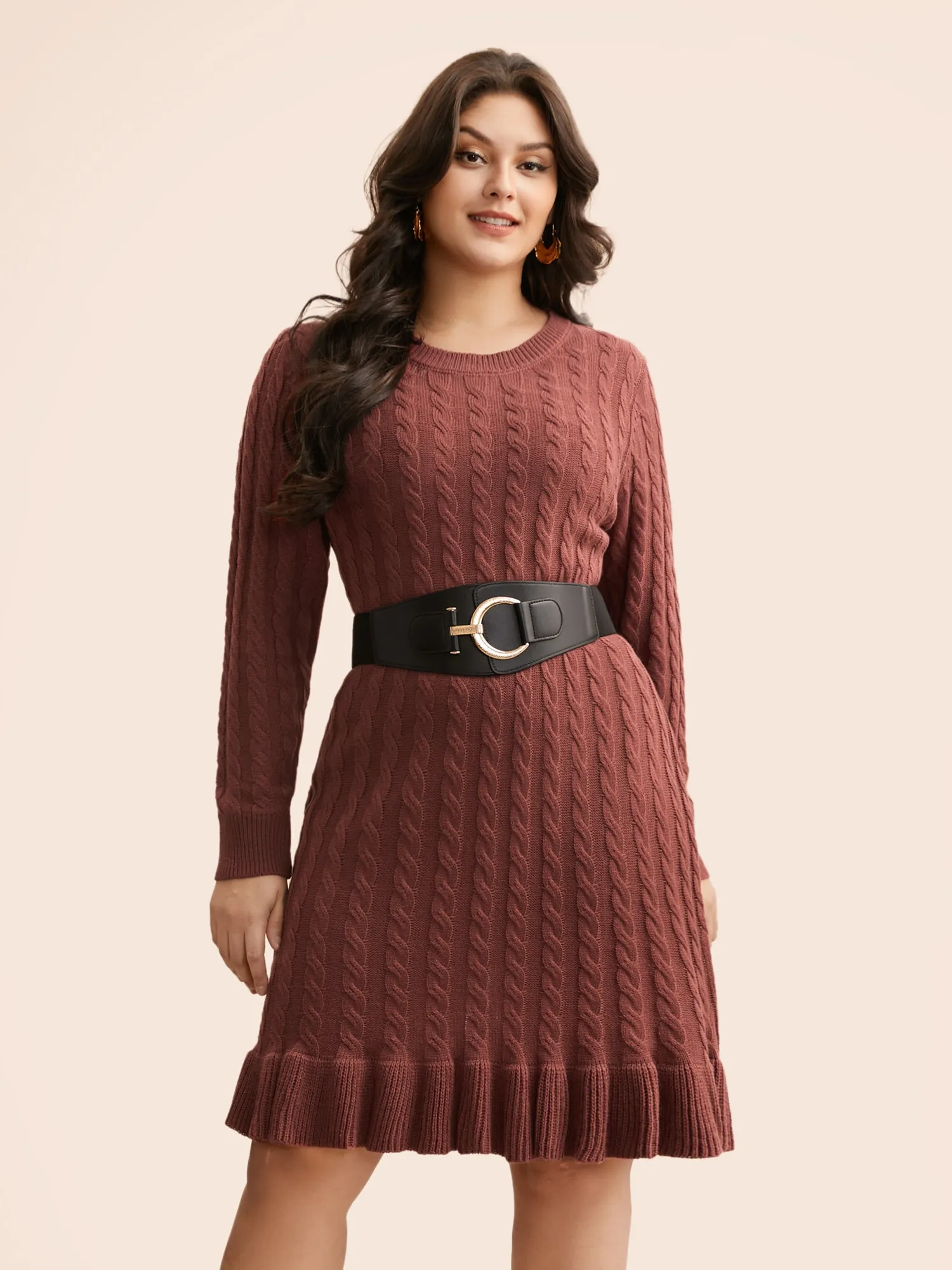 Round Neck Cable Knit Ruffle Trim Sweater Dress sold by Bloomchic