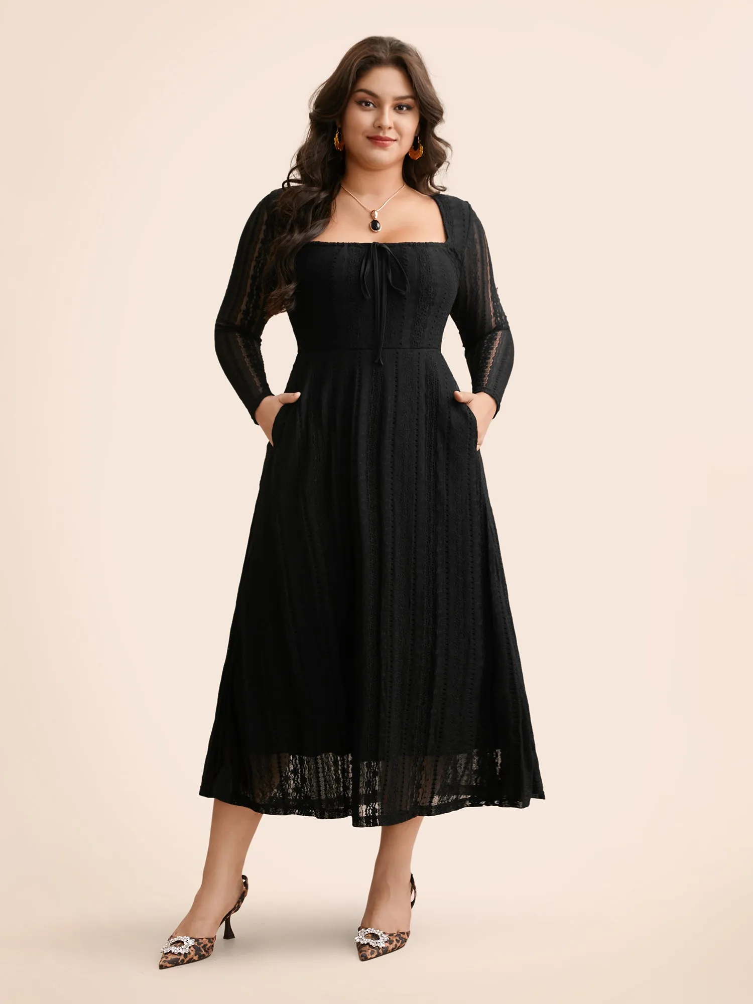 Lace Panel Square Neck Tie Knot Dress sold by Bloomchic product image thumbnail 3