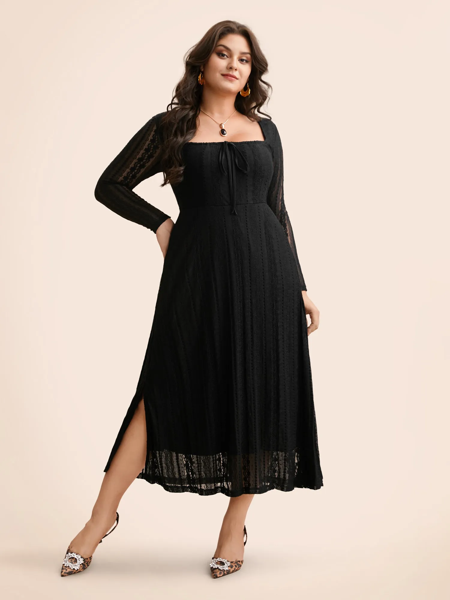 Lace Panel Square Neck Tie Knot Dress sold by Bloomchic