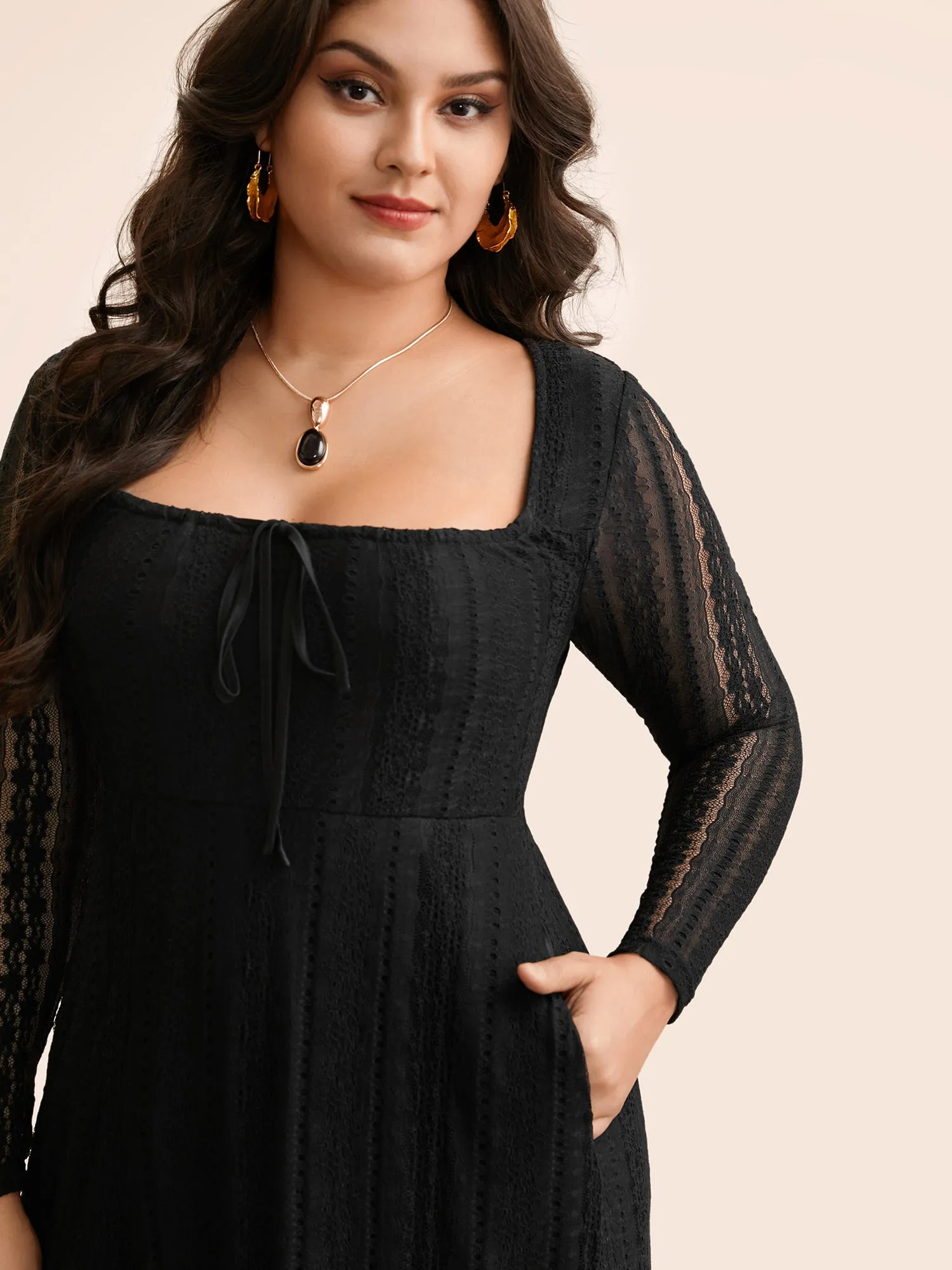 Lace Panel Square Neck Tie Knot Dress sold by Bloomchic product image thumbnail 2