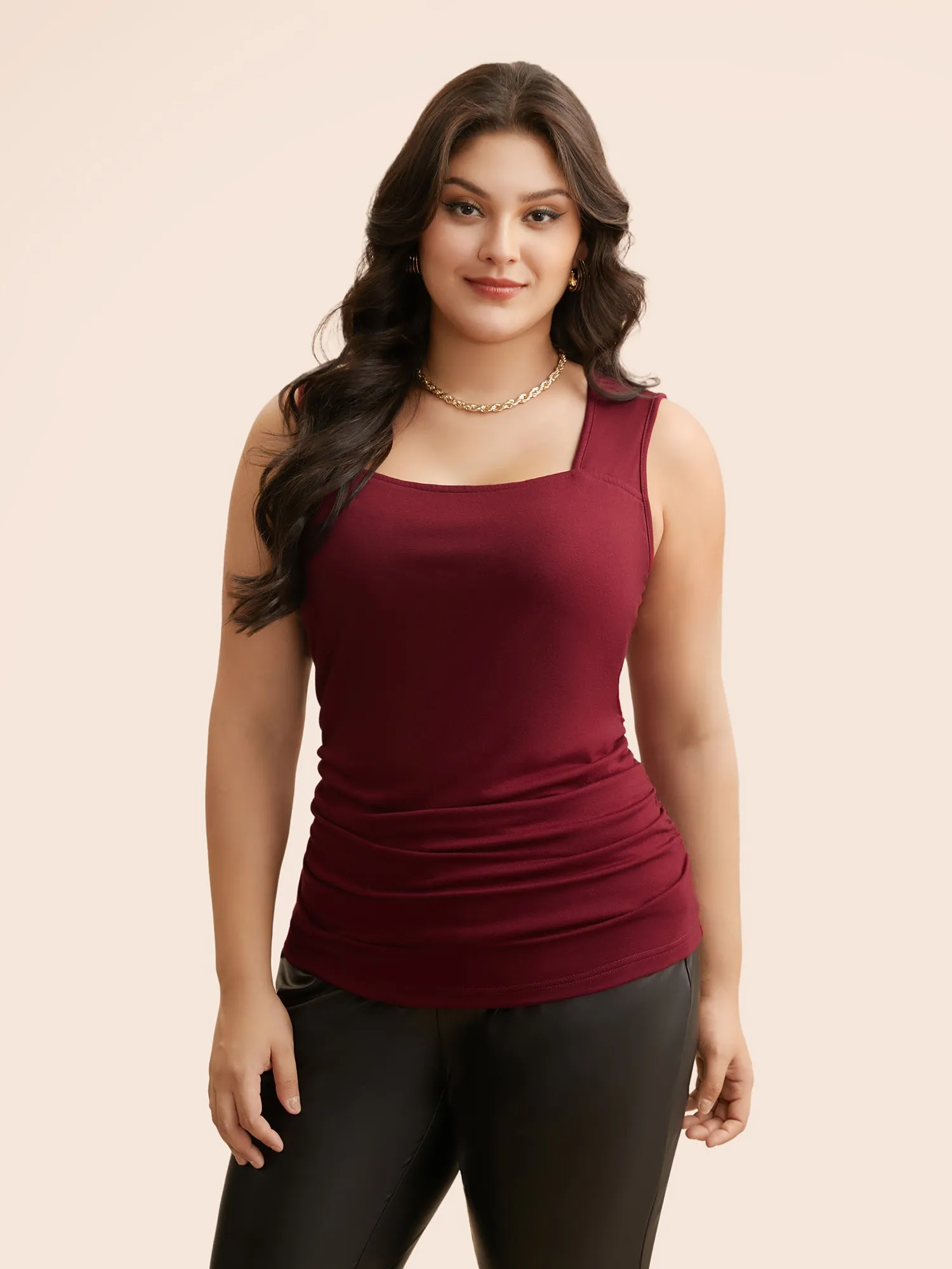 Square Neck Ruched Slim Fit Tank Top sold by Bloomchic