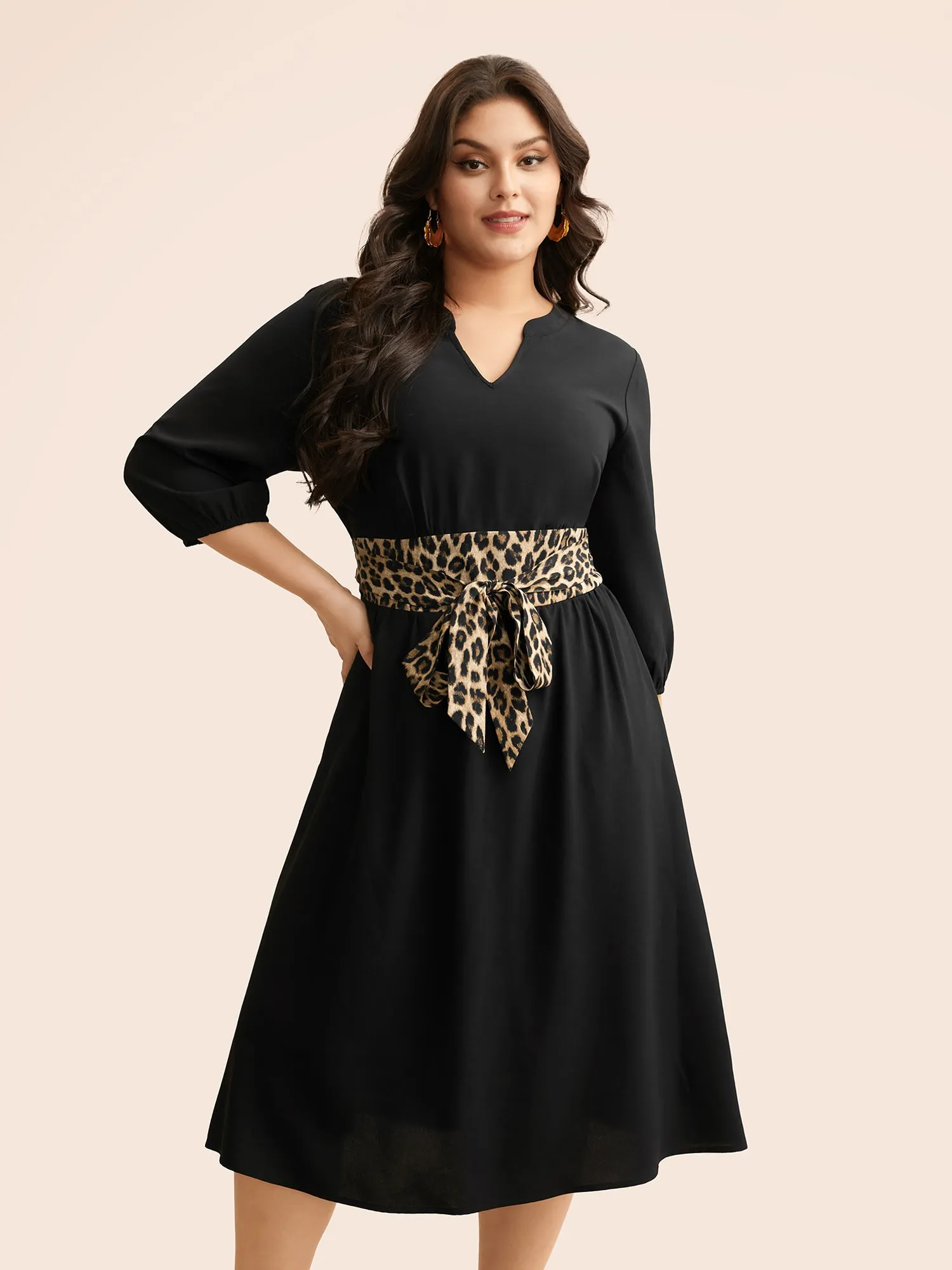 Notched Collar Leopard Print Patchwork Dress sold by Bloomchic product image thumbnail 3