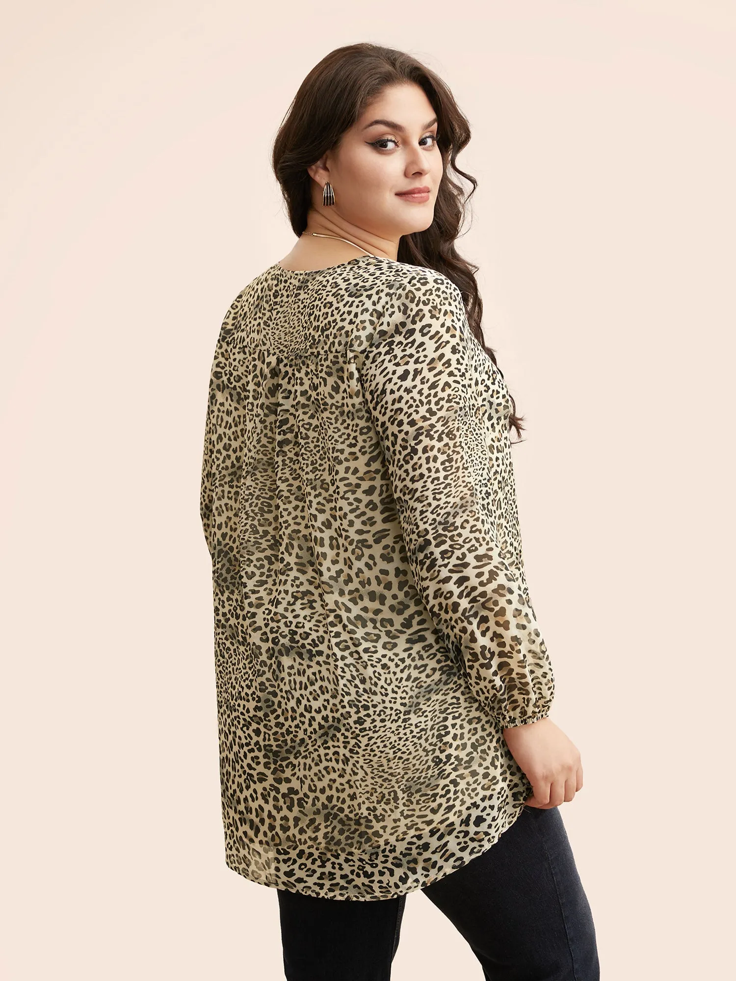 Leopard Print Asymmetrical Hem Lantern Sleeve Blouse sold by Bloomchic product image thumbnail 3