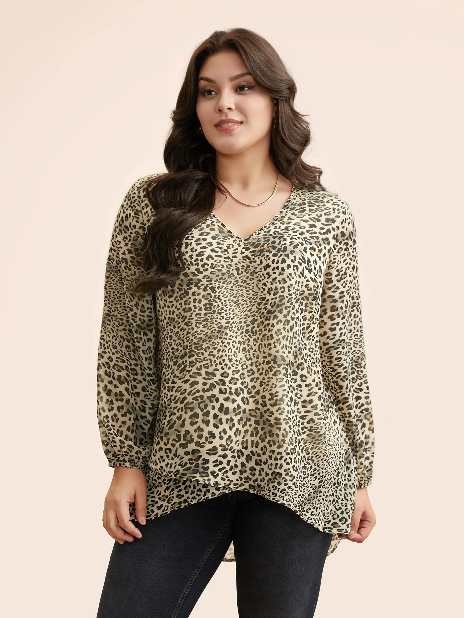 Leopard Print Asymmetrical Hem Lantern Sleeve Blouse sold by Bloomchic