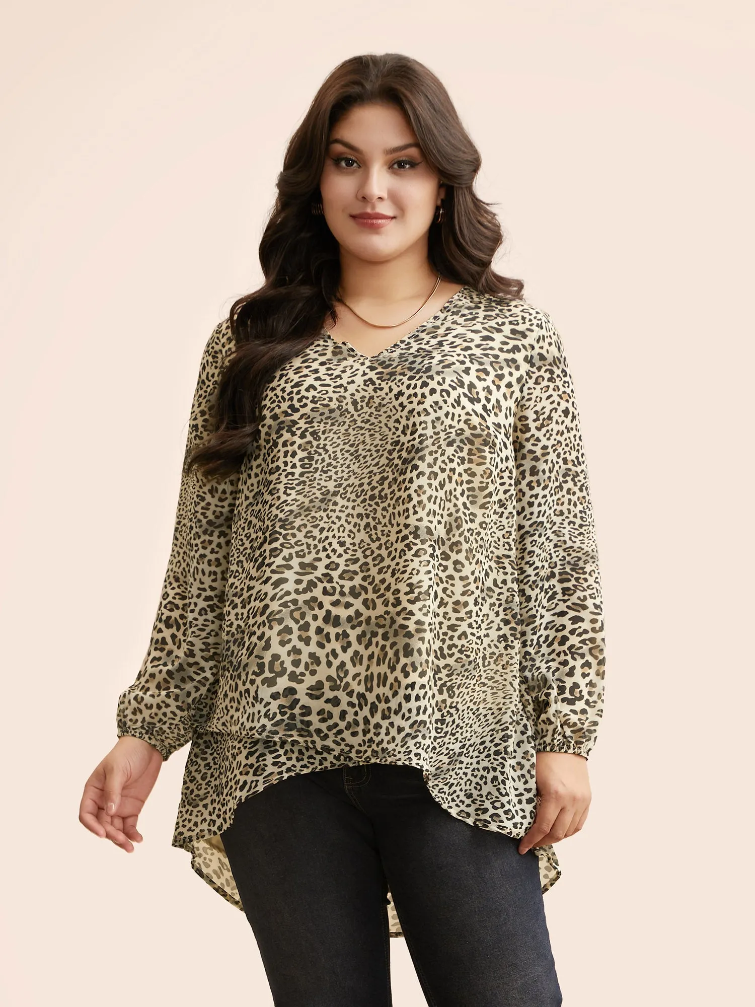 Leopard Print Asymmetrical Hem Lantern Sleeve Blouse sold by Bloomchic product image thumbnail 5