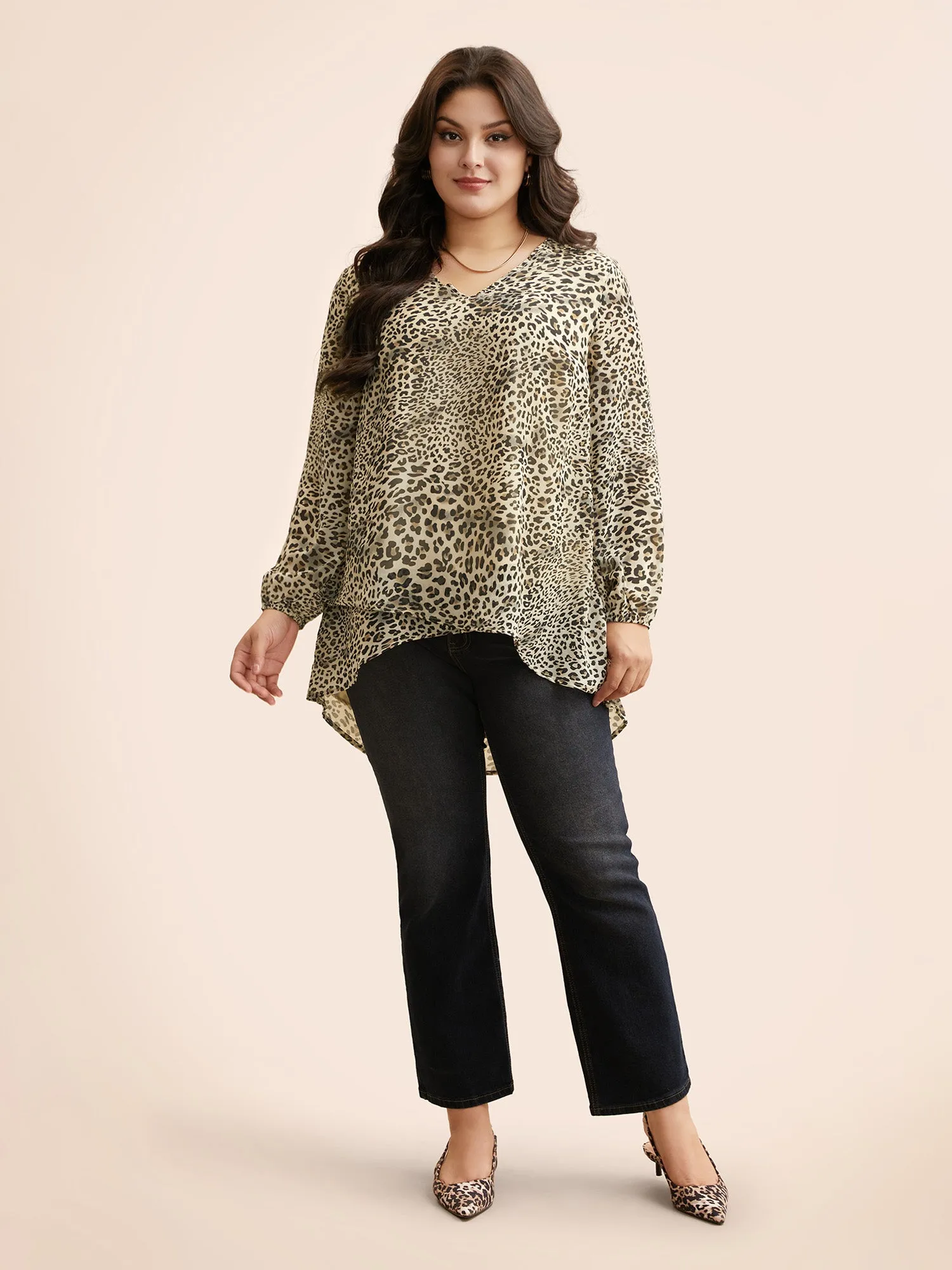 Leopard Print Asymmetrical Hem Lantern Sleeve Blouse sold by Bloomchic product image thumbnail 2