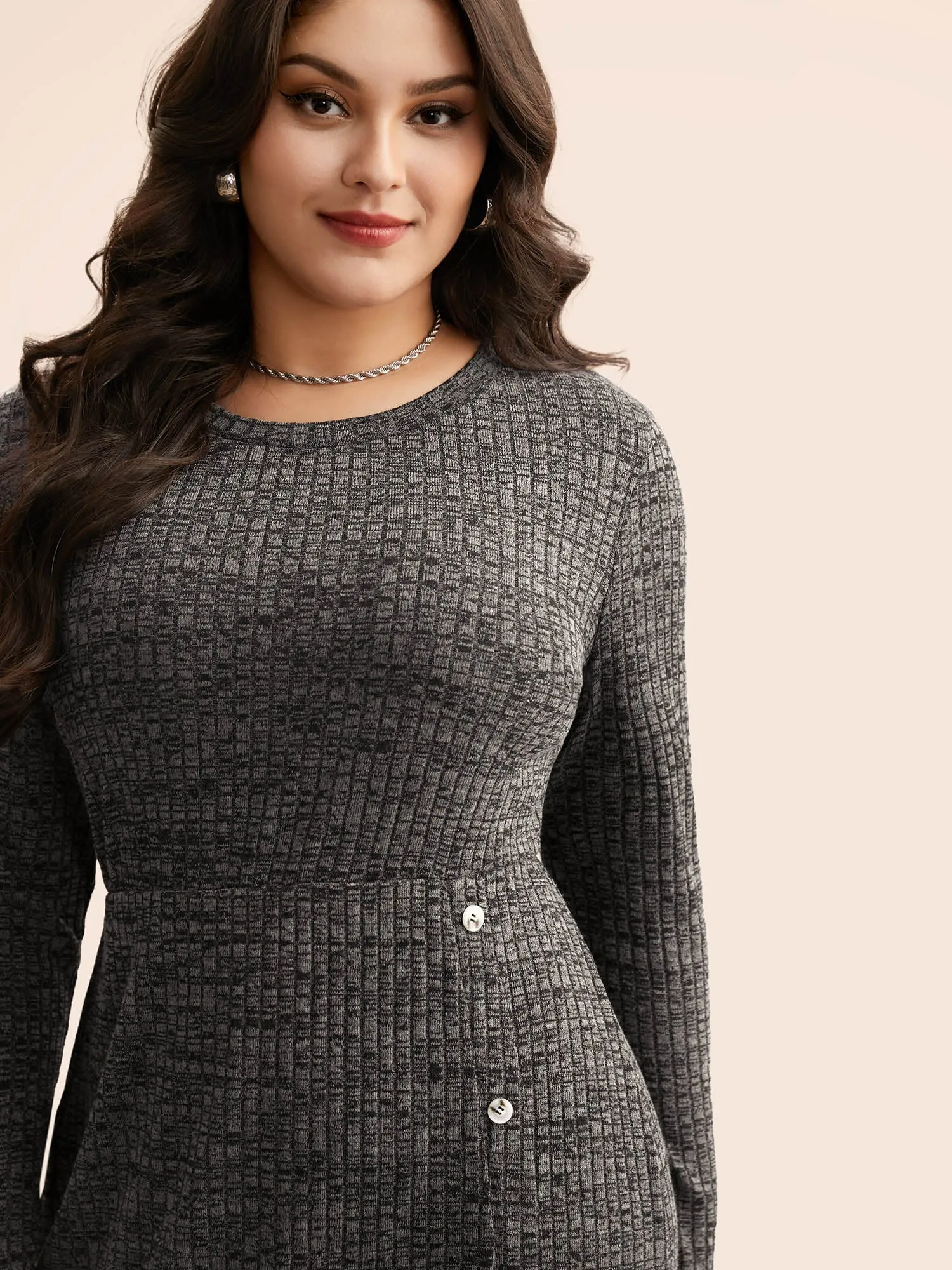 Crew Neck Button Detail Split Hem Dress sold by Bloomchic product image thumbnail 4