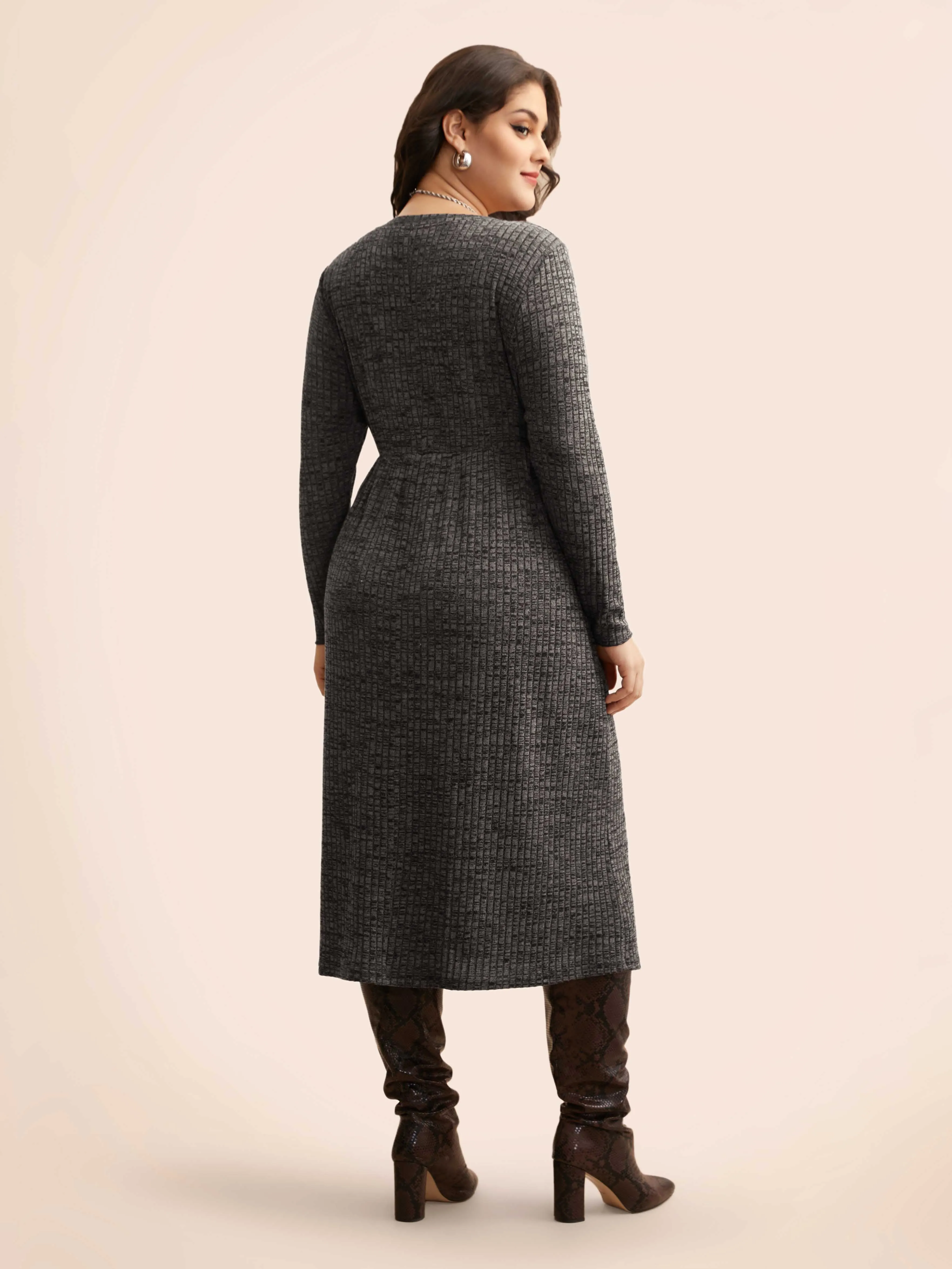 Crew Neck Button Detail Split Hem Dress sold by Bloomchic product image thumbnail 3