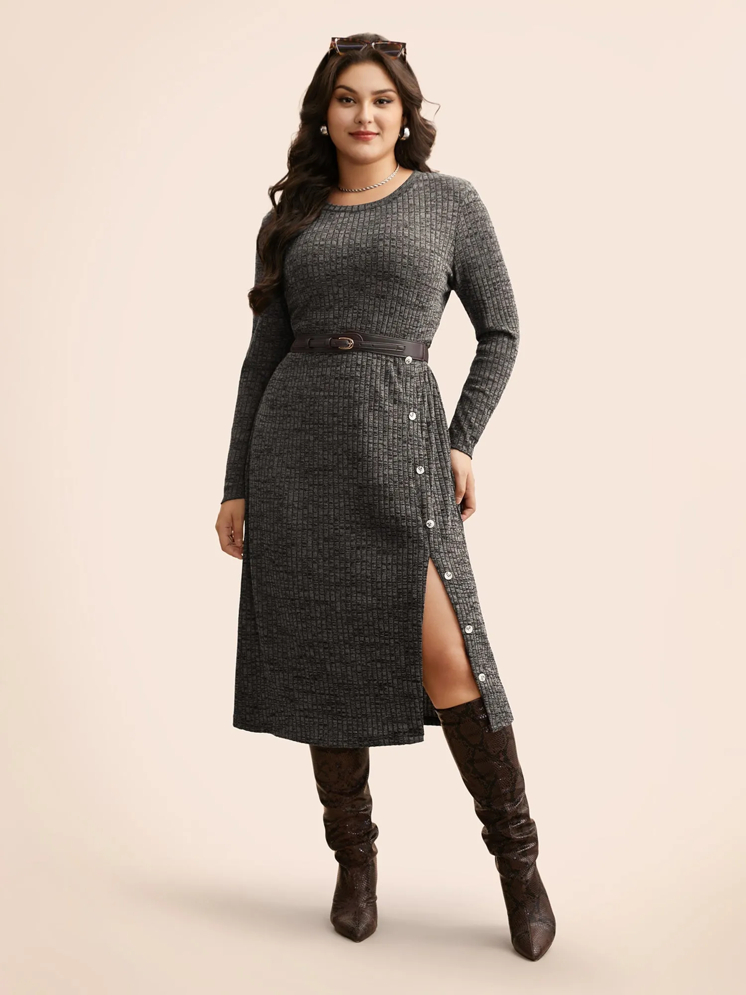Crew Neck Button Detail Split Hem Dress sold by Bloomchic product image thumbnail 2