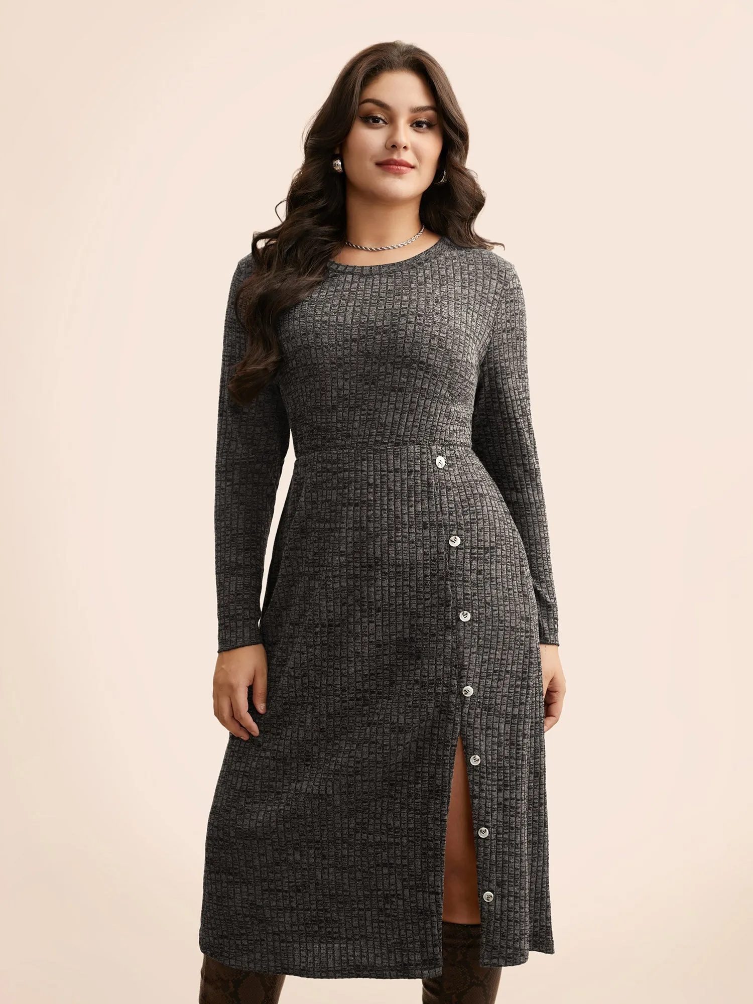 Crew Neck Button Detail Split Hem Dress sold by Bloomchic