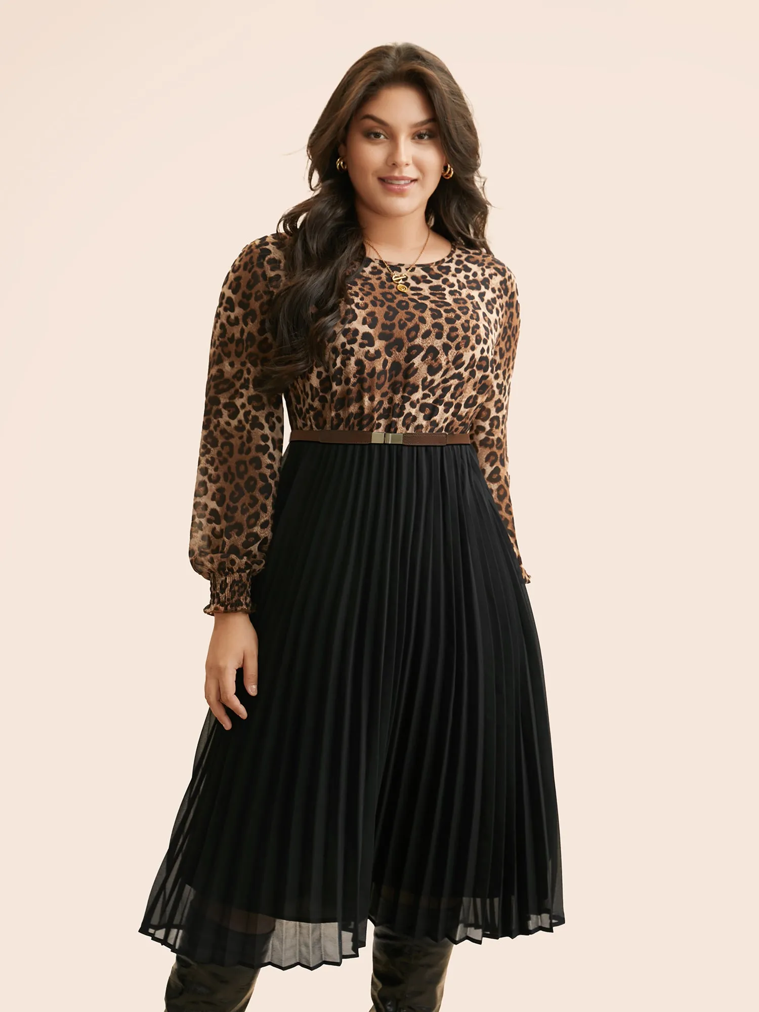 Leopard Print Patchwork Mesh Pleated Dress sold by Bloomchic