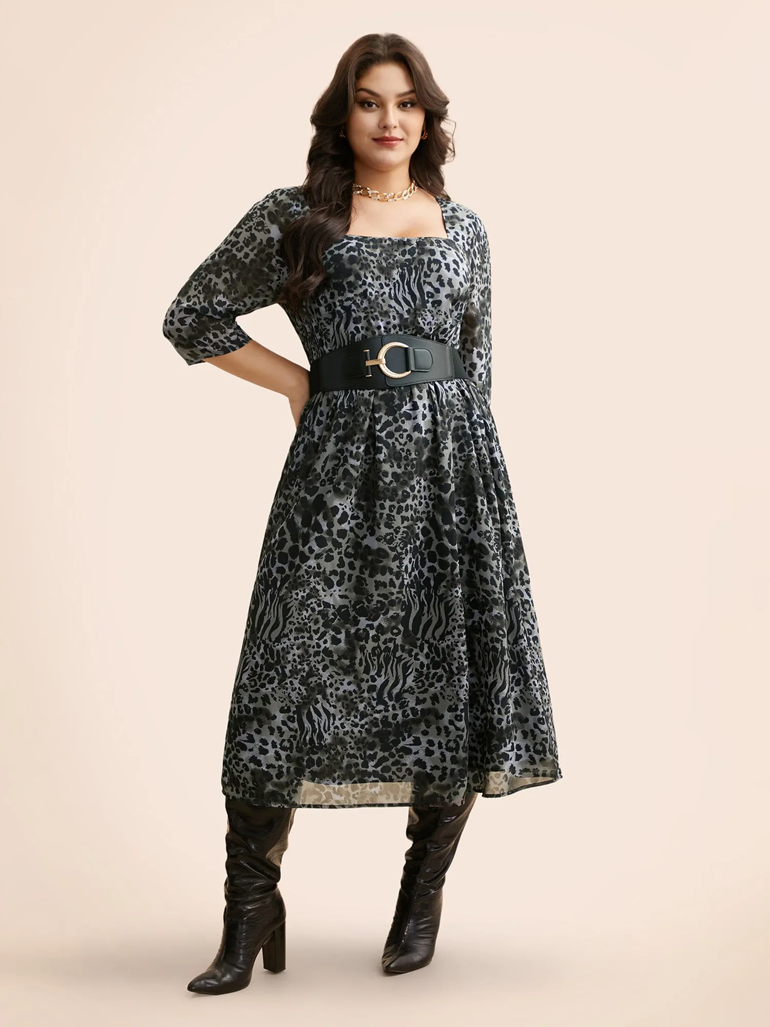 Leopard Print Square Neck Chiffon Dress sold by Bloomchic