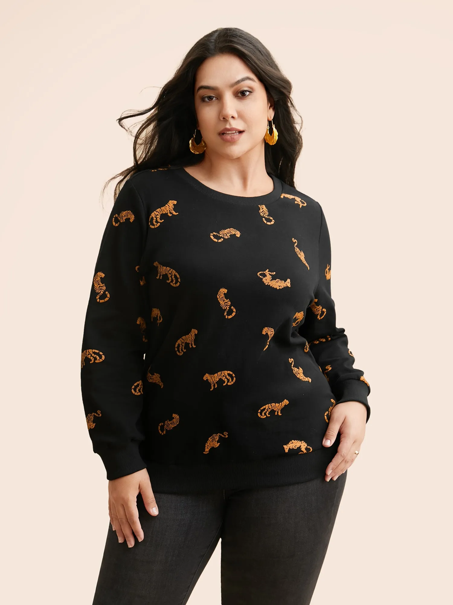Tiger Print Crew Neck Sweatshirt sold by Bloomchic