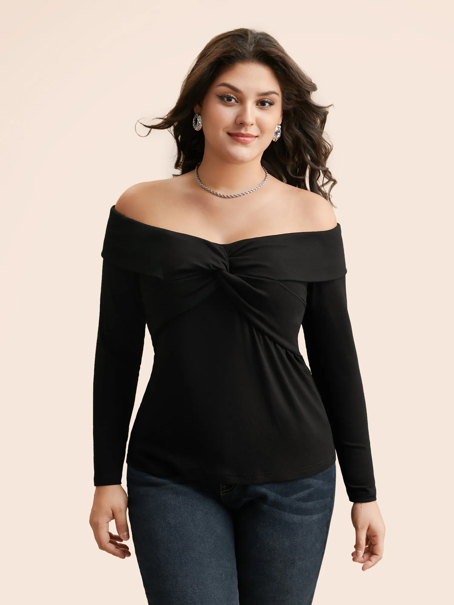 Off Shoulder Twist Front Knit Top sold by Bloomchic