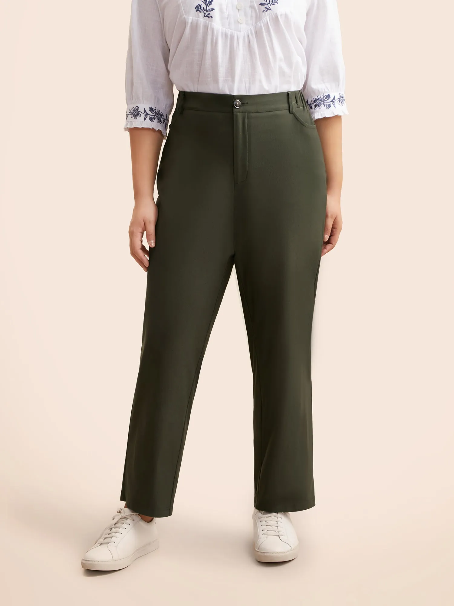 Mid Rise Elastic Waist Straight Leg Pants sold by Bloomchic