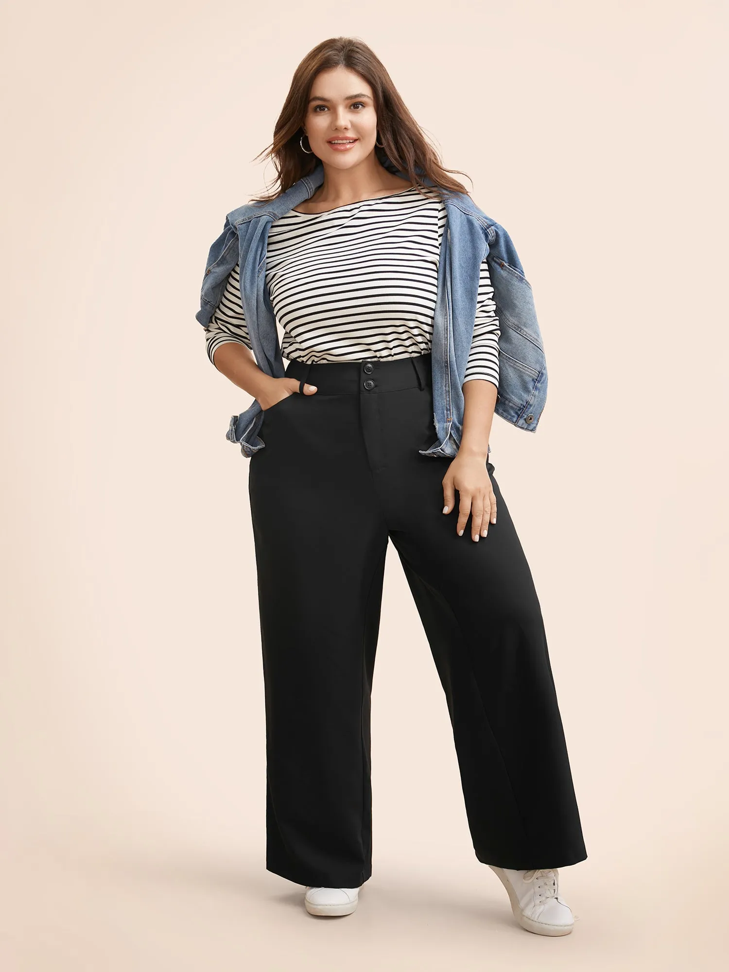 Mid Rise Double Button Wide Leg Pants sold by Bloomchic