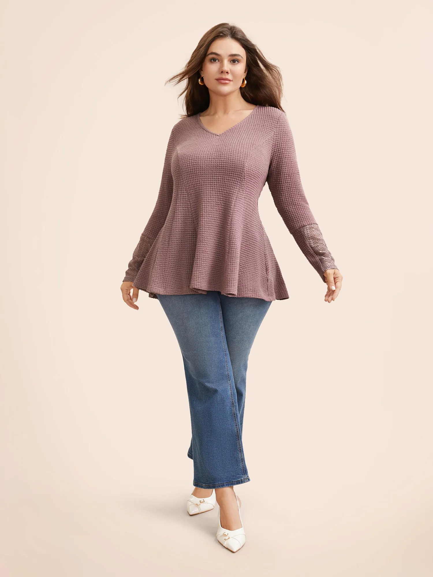 V Neck Lace Patchwork Texture T-shirt sold by Bloomchic product image thumbnail 3