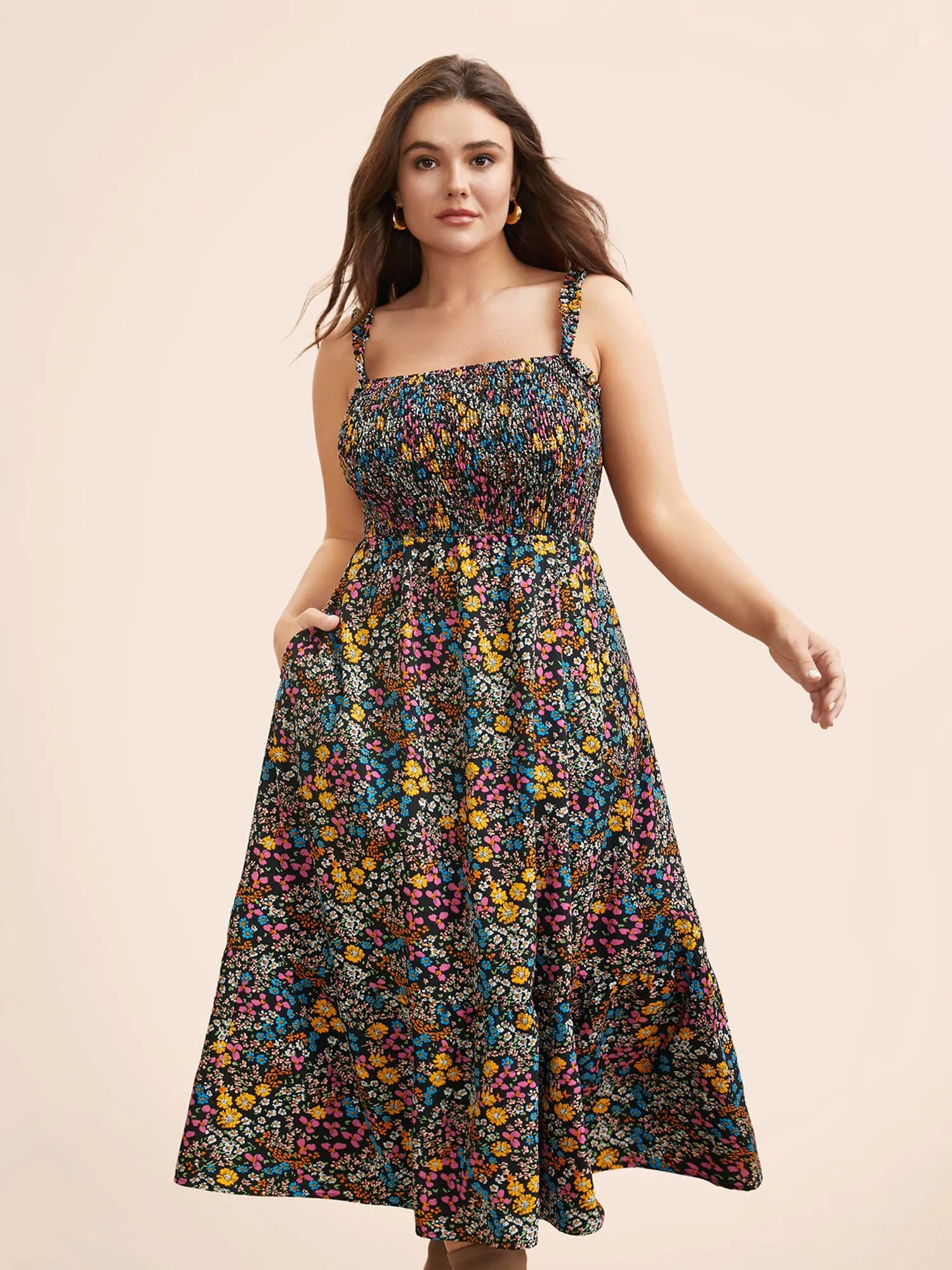 Ditsy Floral Shirred Ruffles Midi Dress sold by Bloomchic