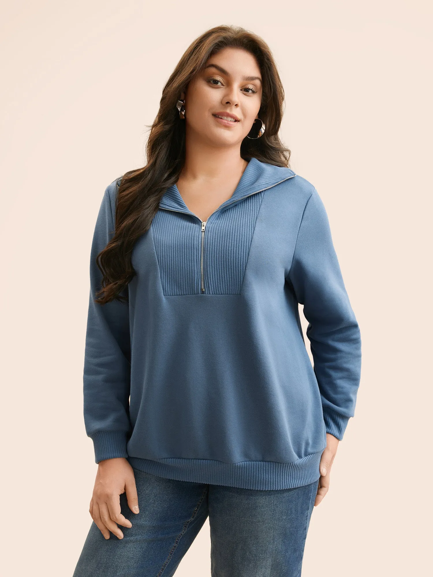 Lapel Collar Half Zip Patchwork Sweatshirt sold by Bloomchic