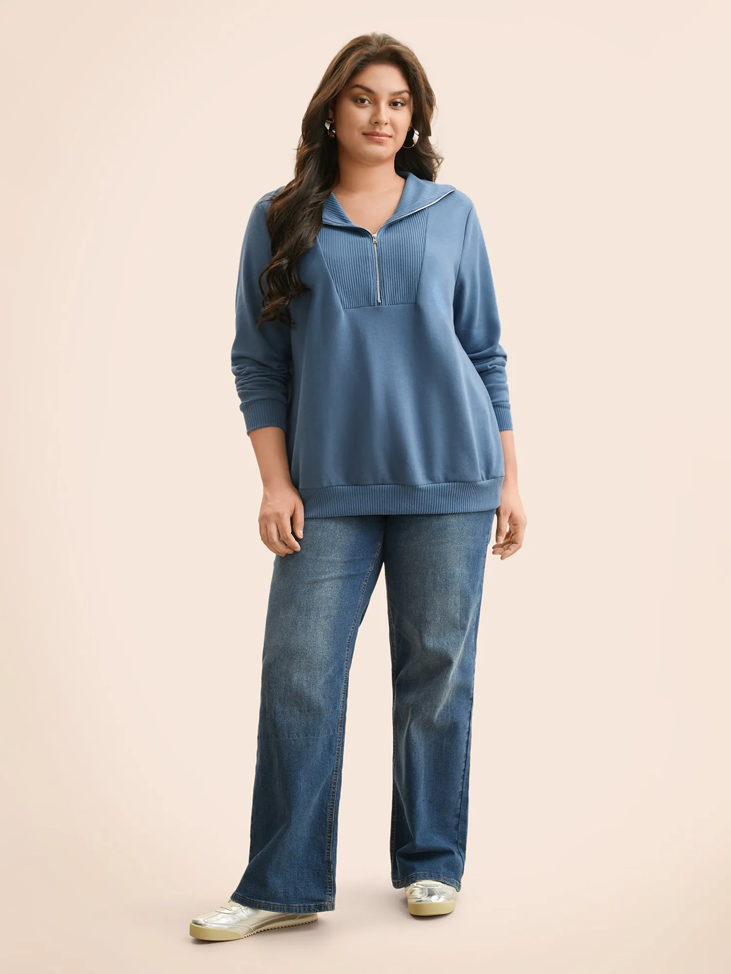 Lapel Collar Half Zip Patchwork Sweatshirt sold by Bloomchic product image thumbnail 3