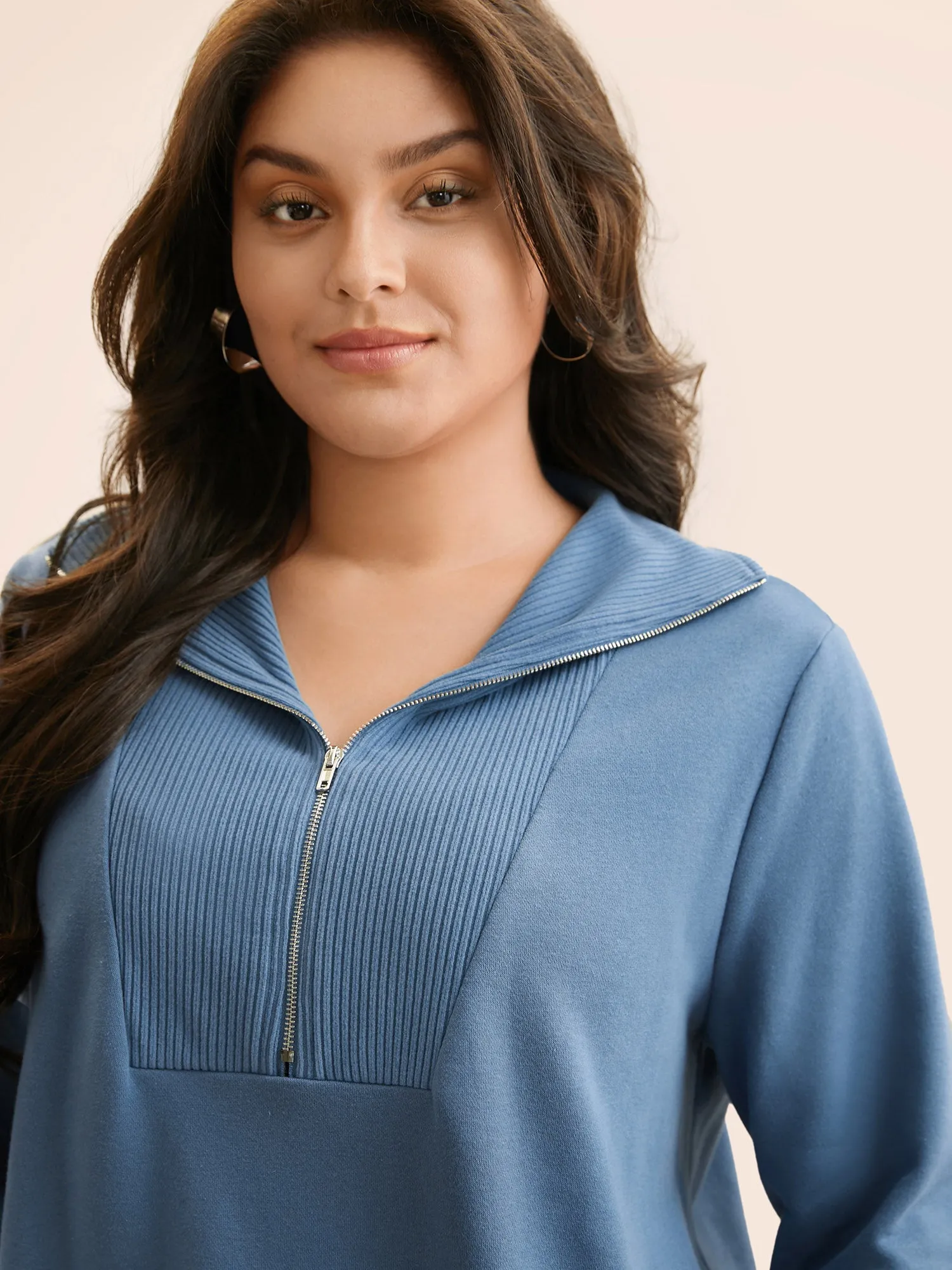 Lapel Collar Half Zip Patchwork Sweatshirt sold by Bloomchic product image thumbnail 2