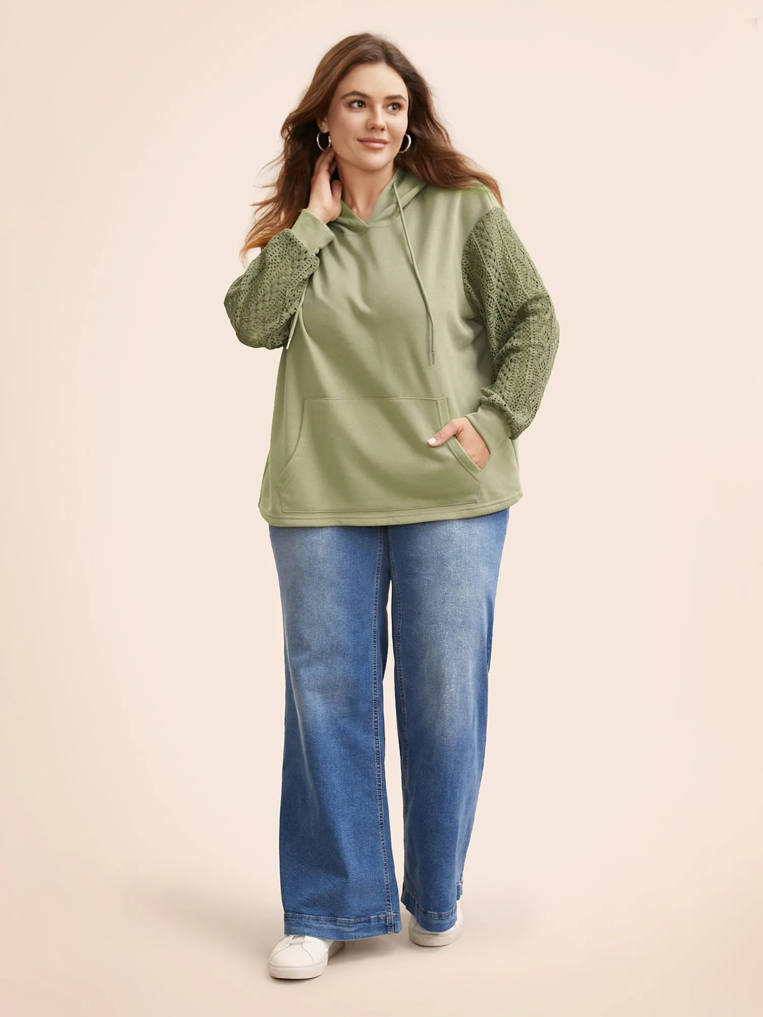 Lace Patchwork Hooded Drawstring Sweatshirt sold by Bloomchic product image thumbnail 4