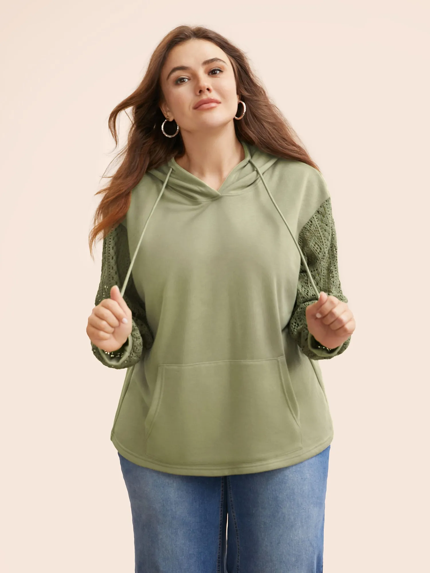 Lace Patchwork Hooded Drawstring Sweatshirt sold by Bloomchic product image thumbnail 5