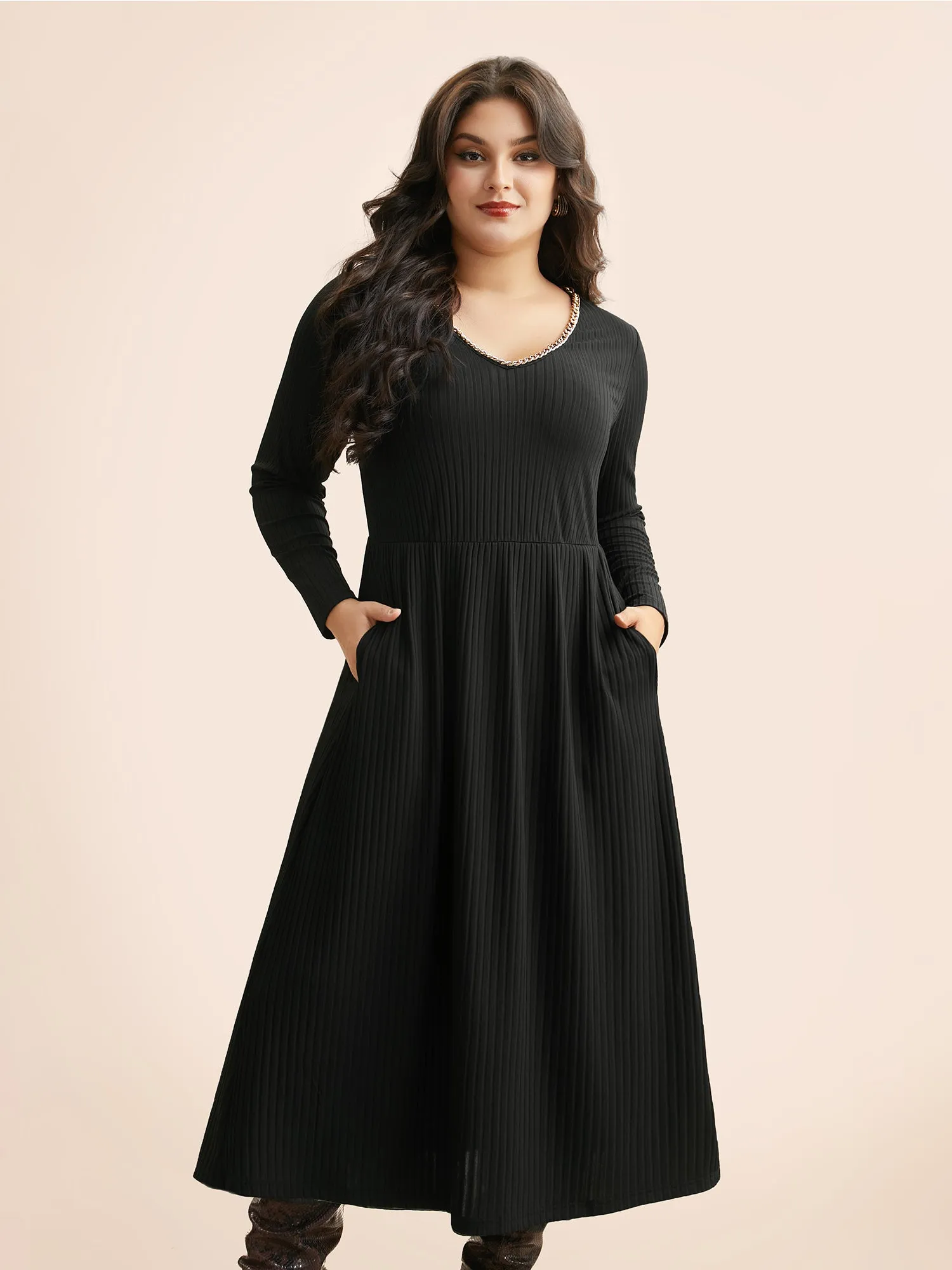 Rib Knit Patchwork Metal Chain Detail Dress sold by Bloomchic