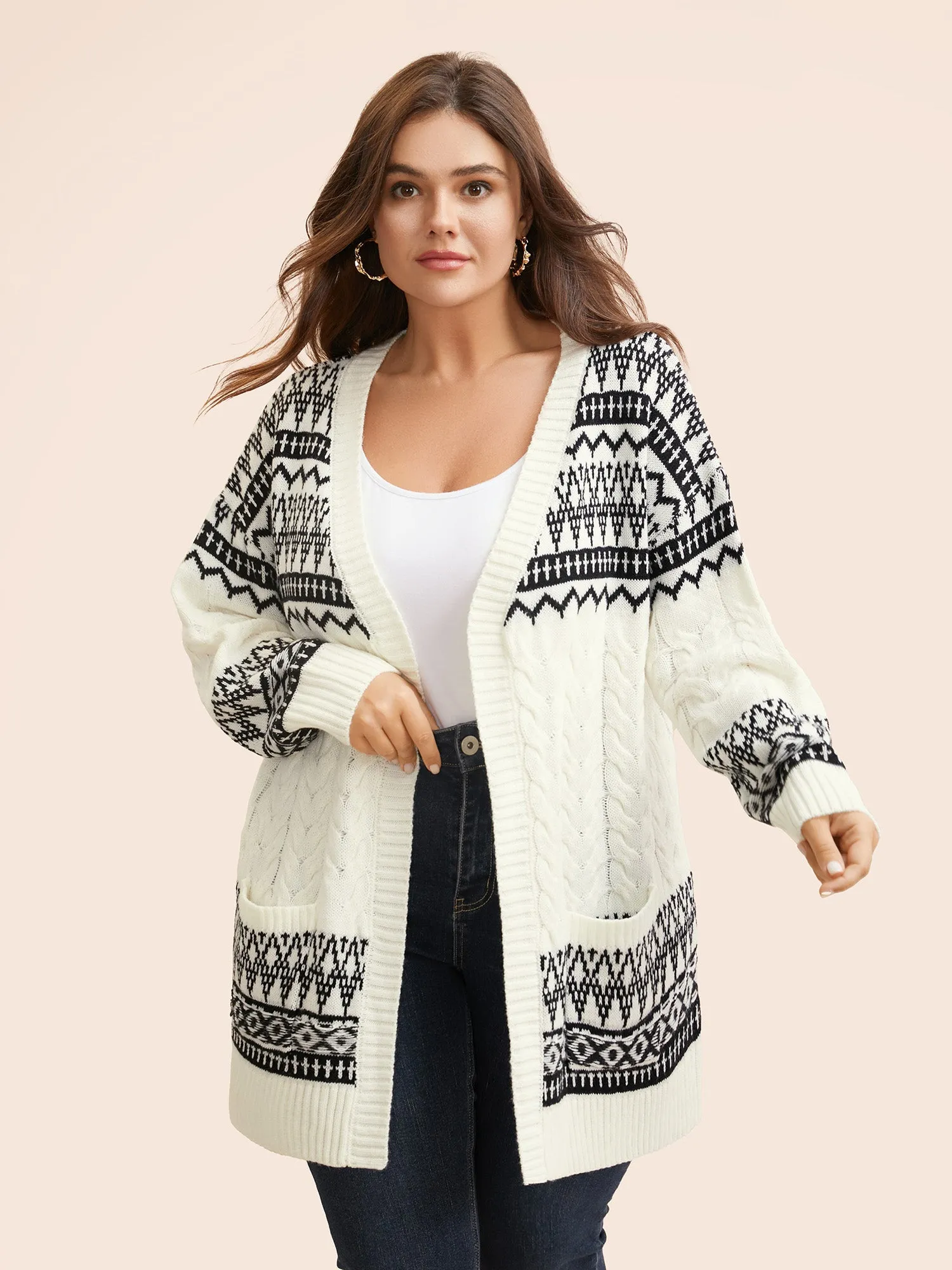 Bandana Jacquard Cable Knit Pocket Cardigan sold by Bloomchic