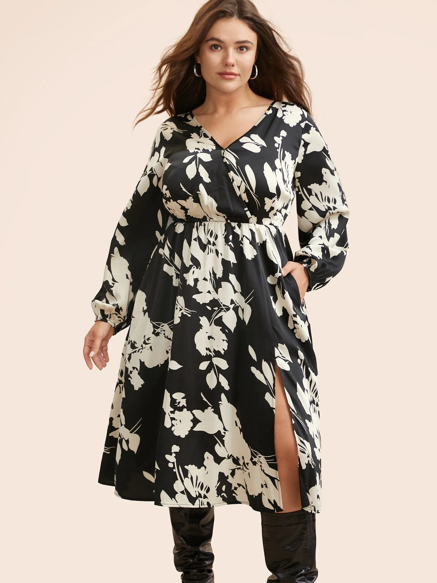 Overlap Collar Silhouette Floral Print Gathered Dress sold by Bloomchic