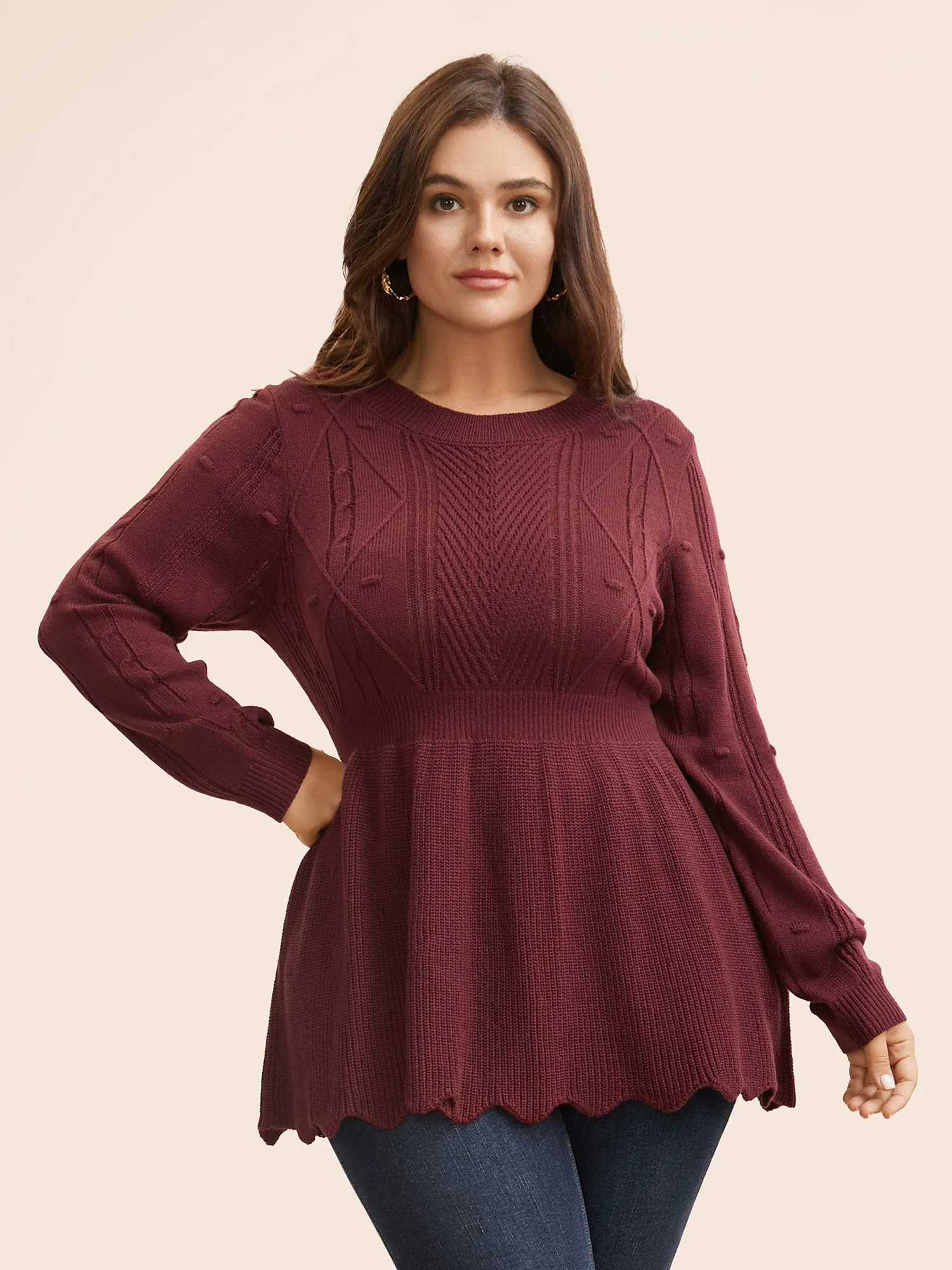 Plain Textured Scalloped Trim Pullover sold by Bloomchic