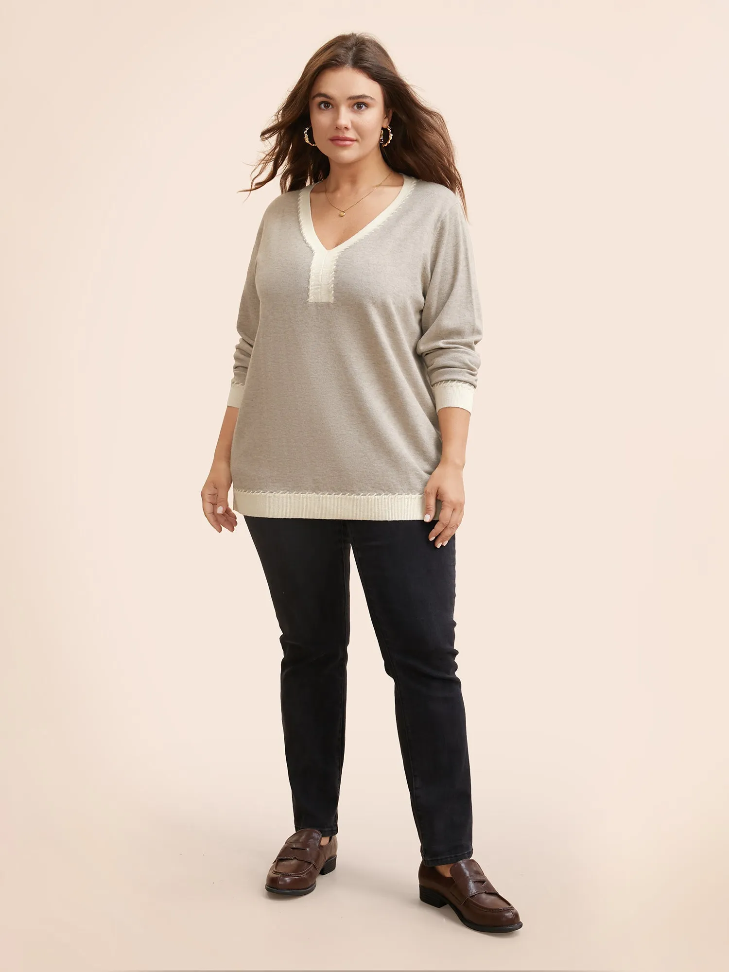 Supersoft Essentials V Neck Contrast Crochet Pullover sold by Bloomchic product image thumbnail 3