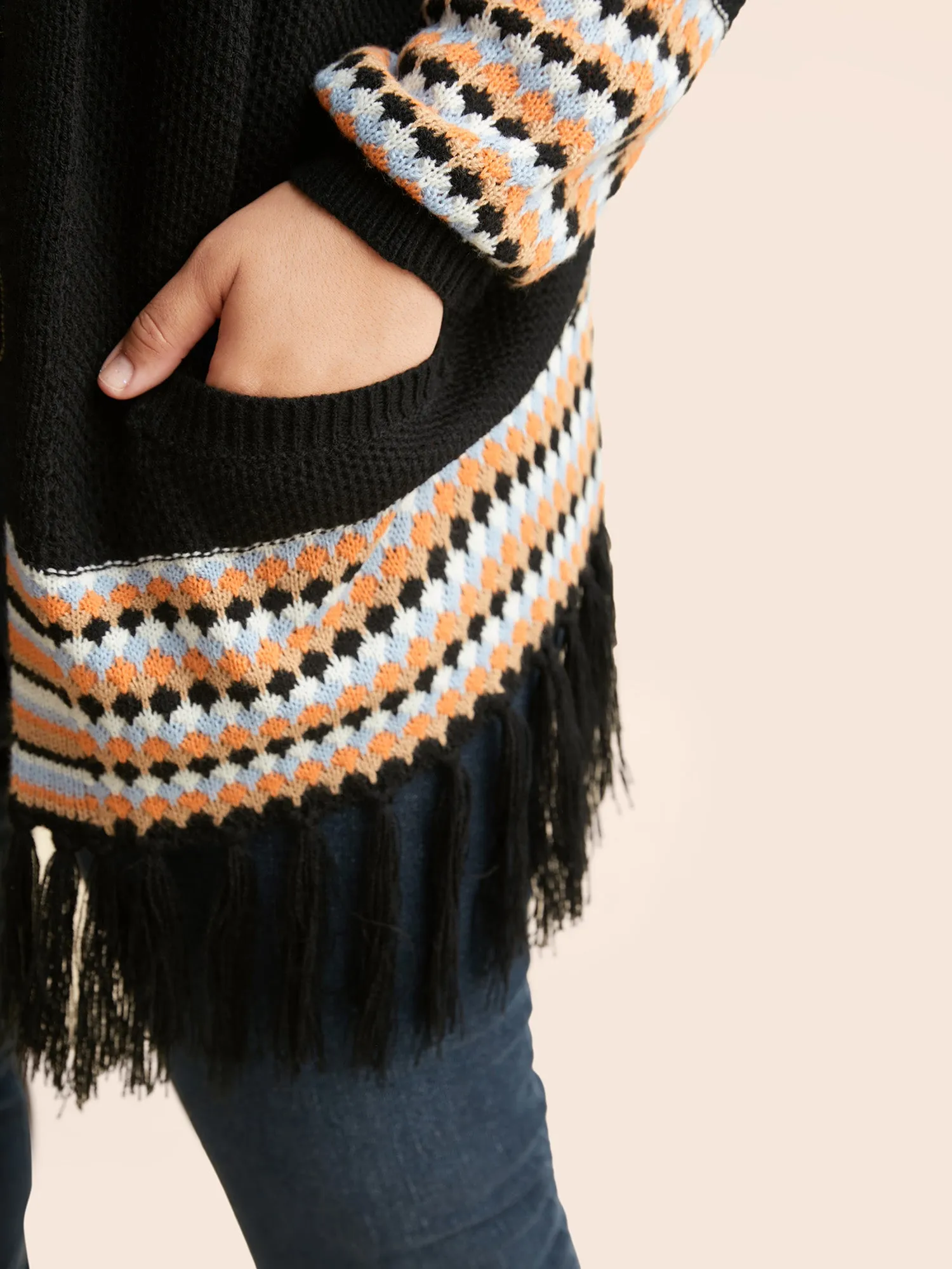 Geometric Tassel Trim Lantern Sleeve Cardigan sold by Bloomchic product image thumbnail 5