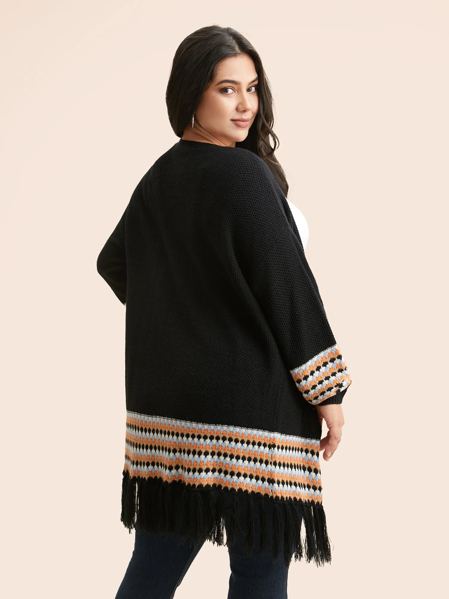 Geometric Tassel Trim Lantern Sleeve Cardigan sold by Bloomchic product image thumbnail 2