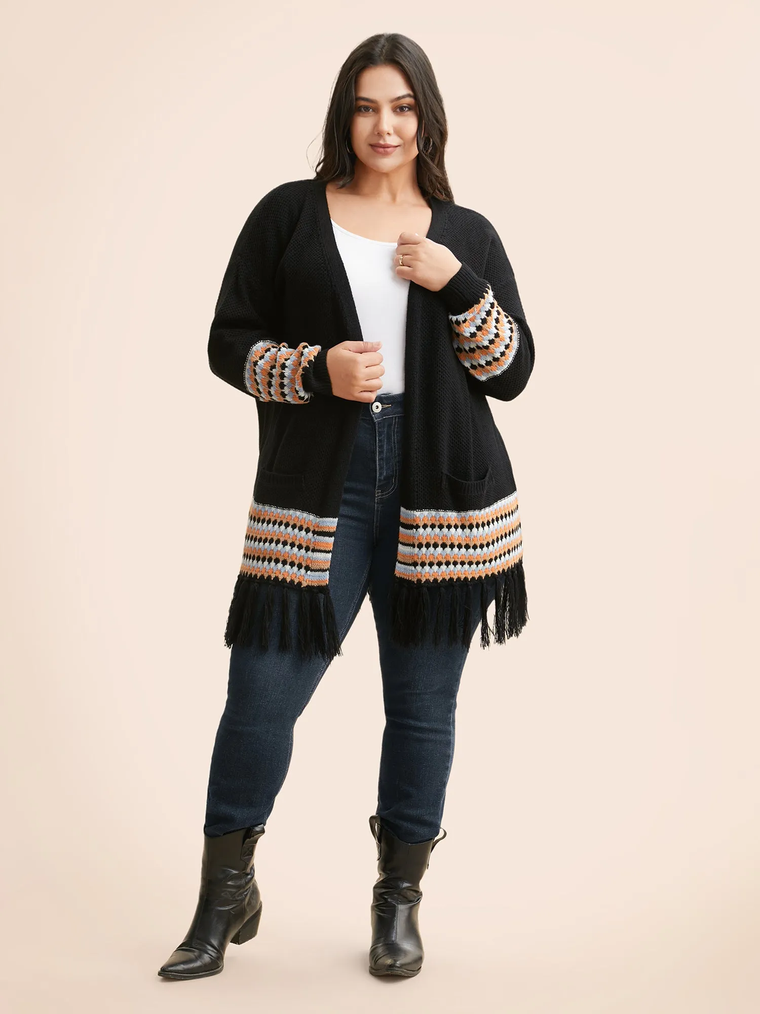 Geometric Tassel Trim Lantern Sleeve Cardigan sold by Bloomchic product image thumbnail 4