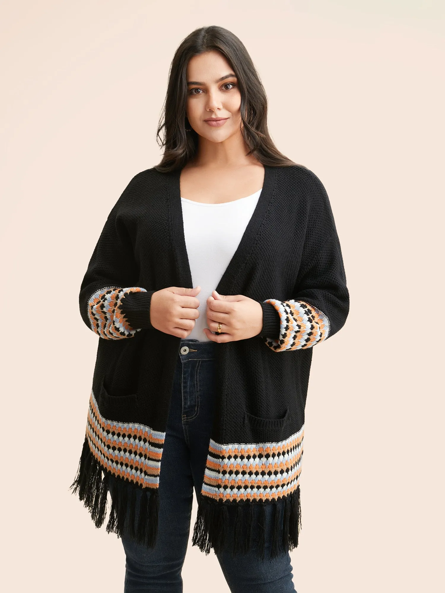 Geometric Tassel Trim Lantern Sleeve Cardigan sold by Bloomchic product image thumbnail 3