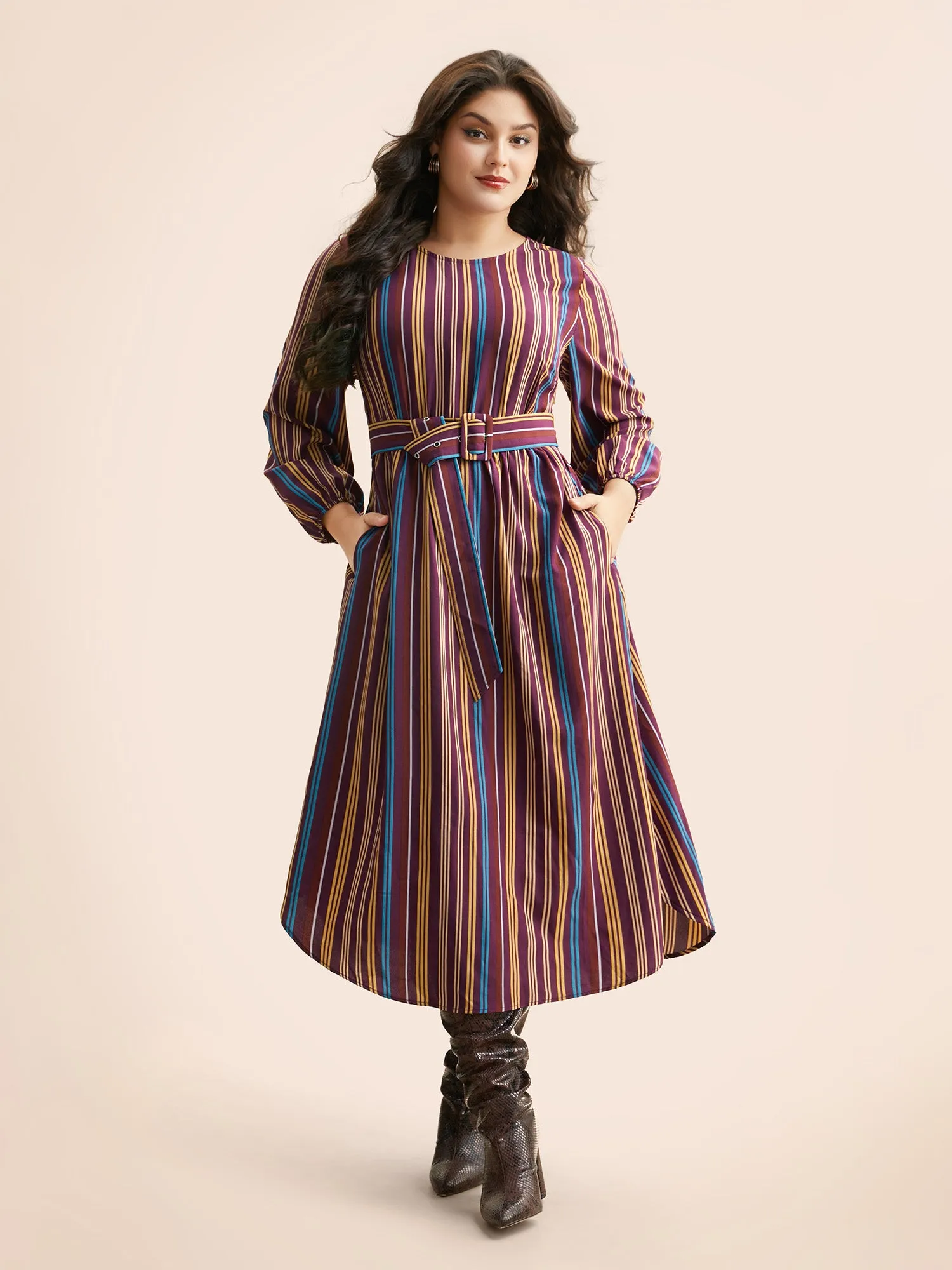 Round Neck Contrast Striped Belted Dress sold by Bloomchic