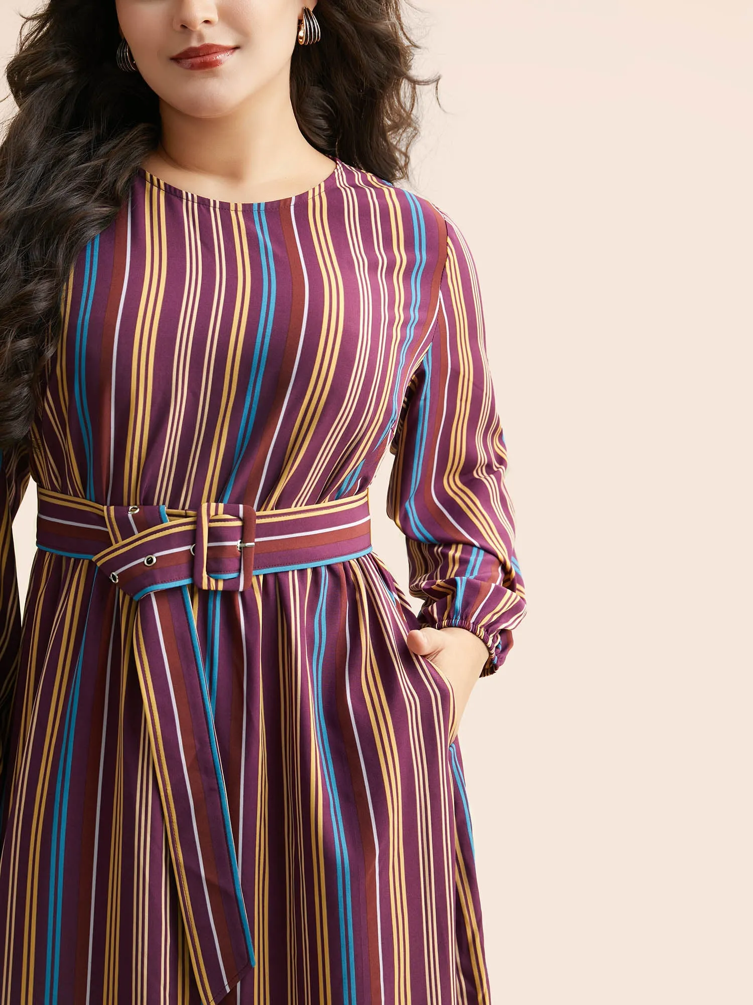 Round Neck Contrast Striped Belted Dress sold by Bloomchic product image thumbnail 4