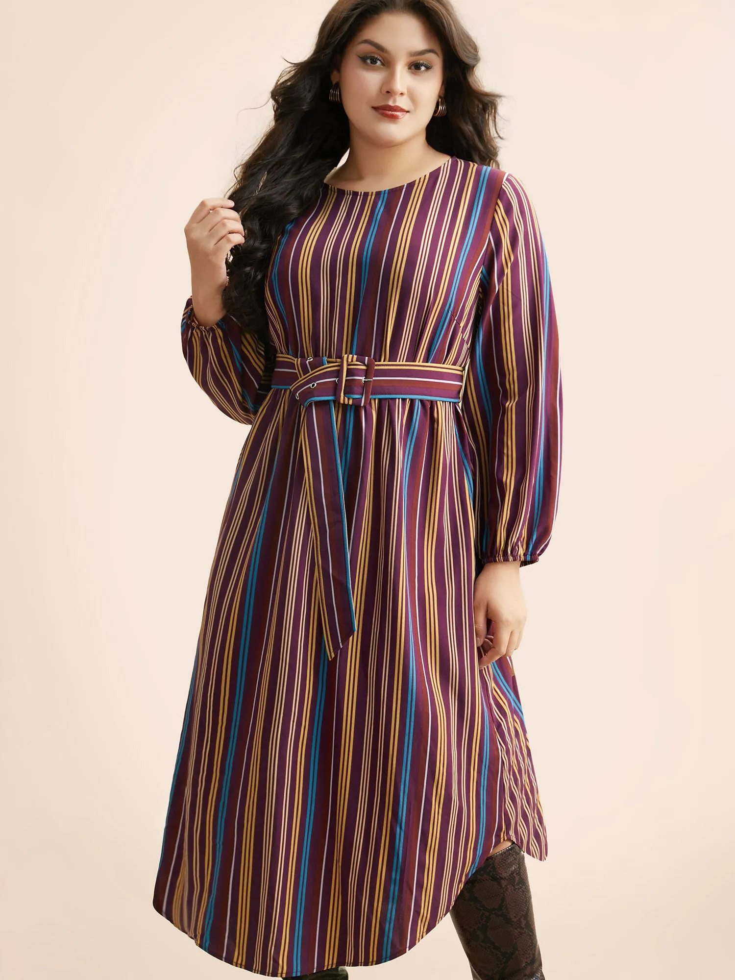 Round Neck Contrast Striped Belted Dress sold by Bloomchic product image thumbnail 2