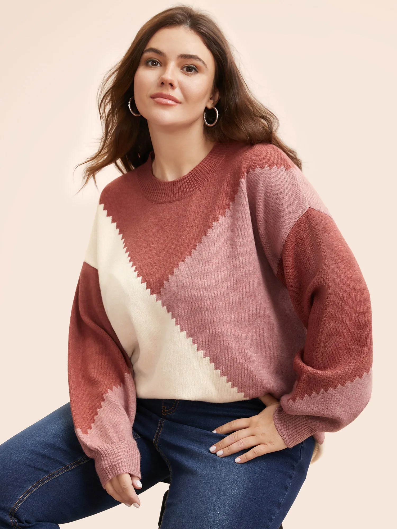 Colorblock Contrast Round Neck Pullover sold by Bloomchic